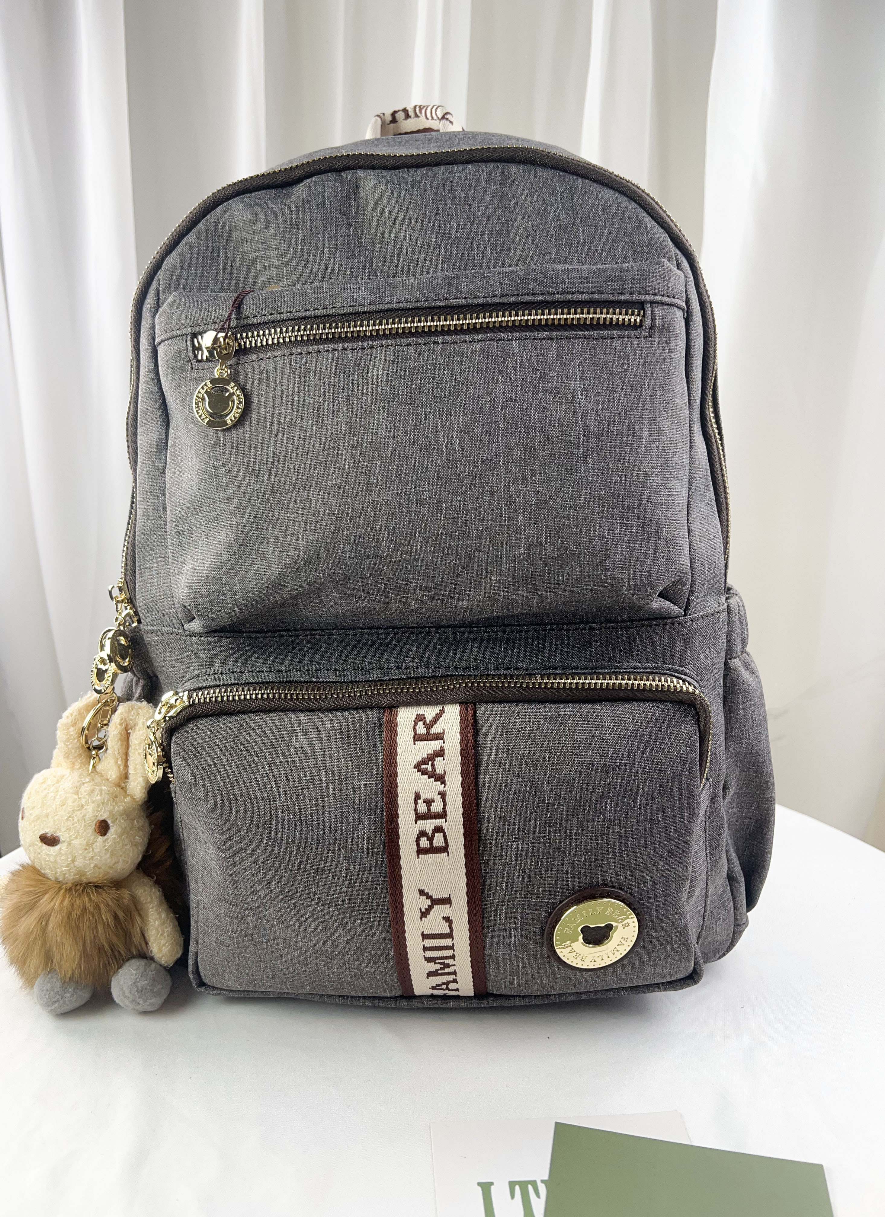 FamilyBear 織帶灰配咖防潑水後背包 附兔兔吊飾 #2627