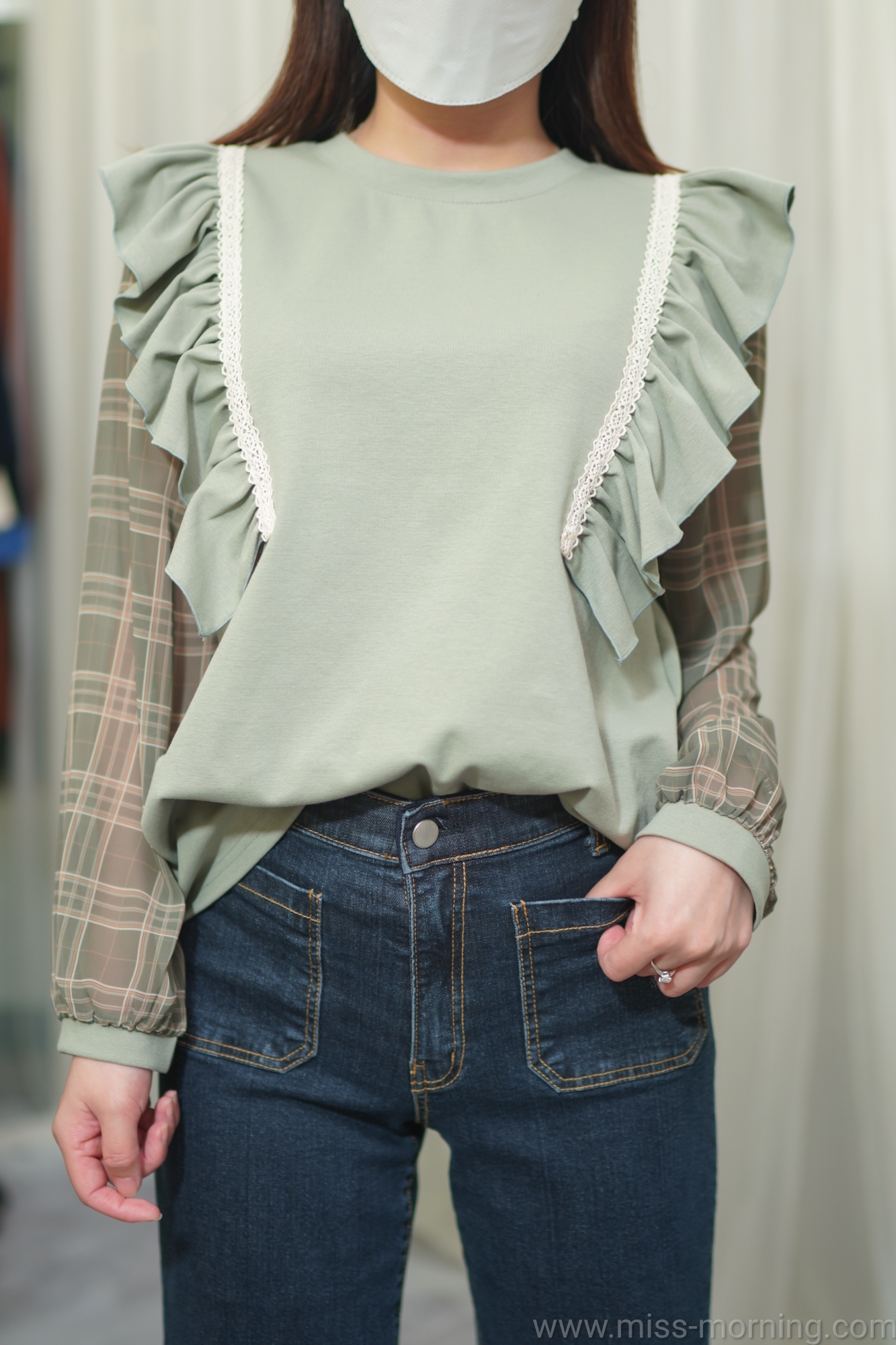 拼格仔袖款上衣(13425)
