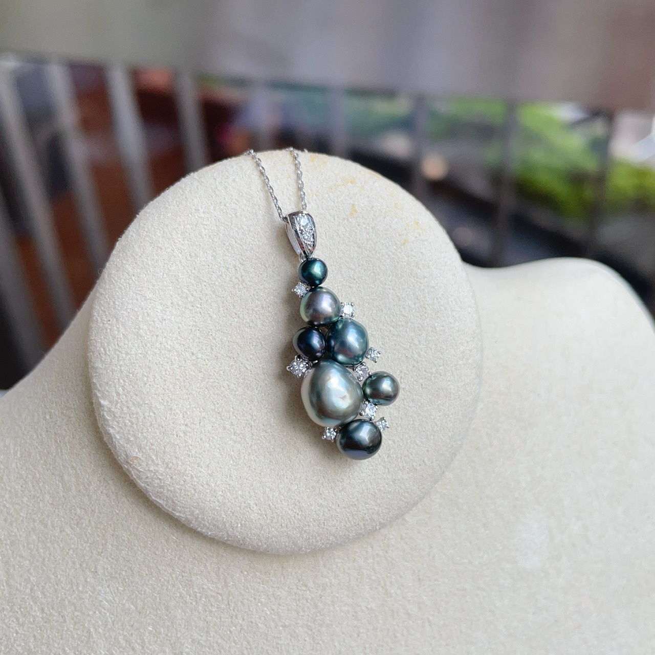 18K金野生Keshi無核大溪地黑珍珠鑽石吊墜+項鏈