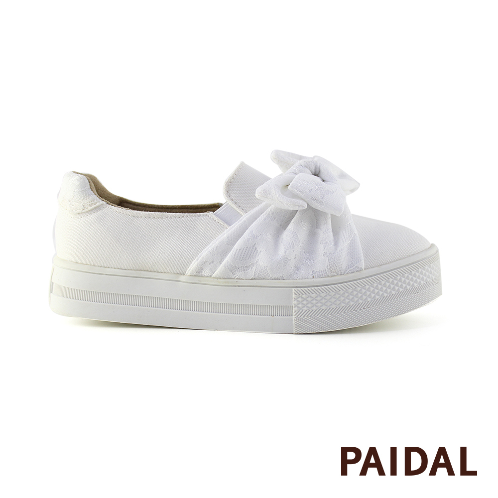 Paidal 蕾絲大蝴蝶厚底懶人鞋不彎腰鞋-小白鞋