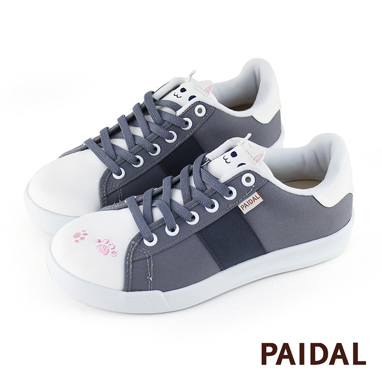 Paidal 貓咪&腳印免綁帶休閒鞋不彎腰輕運動鞋-灰