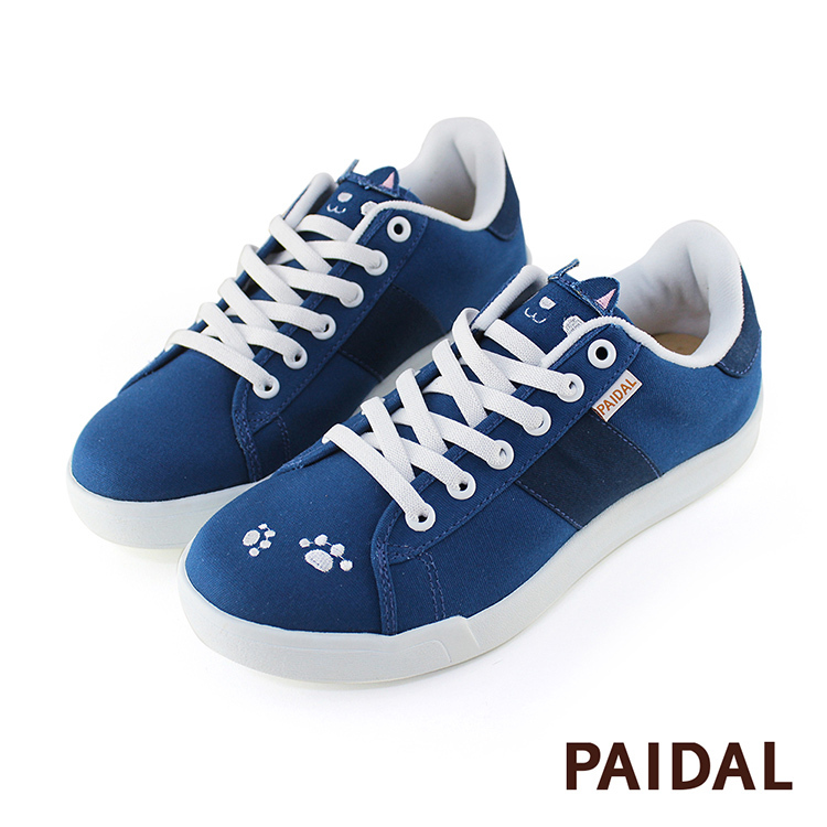 Paidal 貓咪&腳印免綁帶休閒鞋不彎腰輕運動鞋-深藍