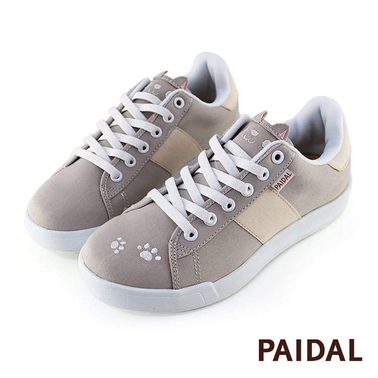 Paidal 貓咪&腳印免綁帶休閒鞋不彎腰輕運動鞋-杏