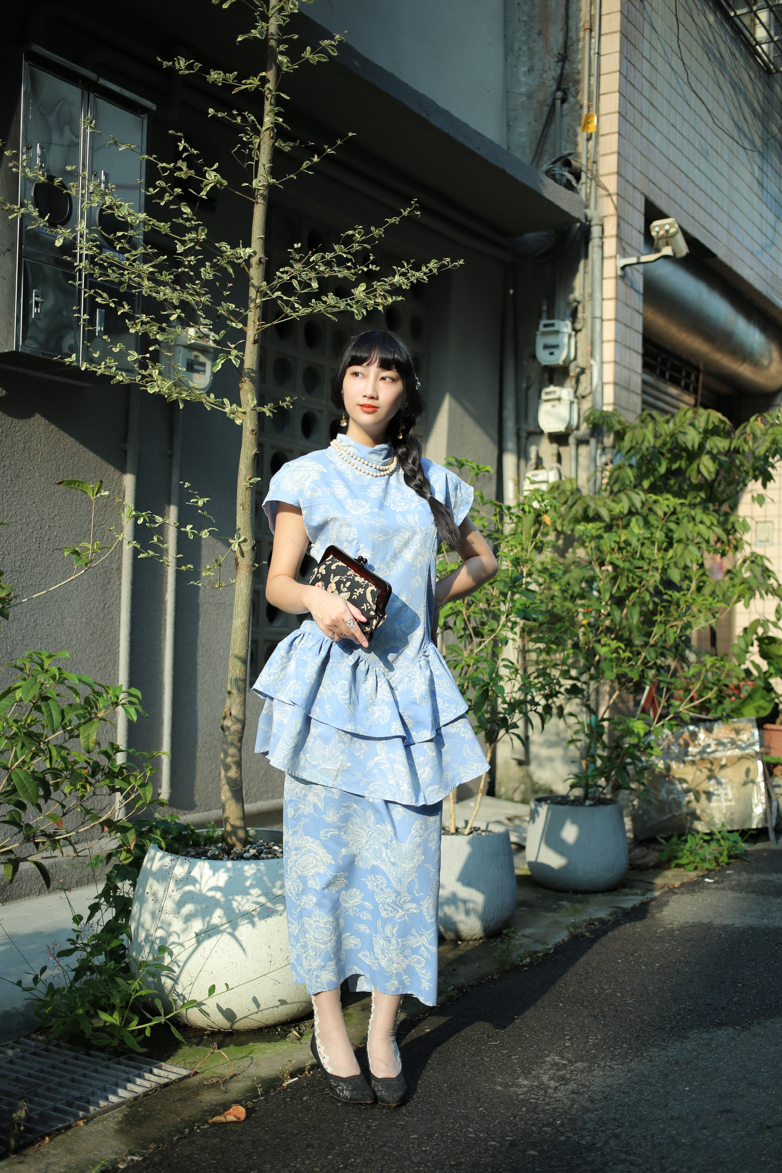 Vintage Dress / 古著古典淡藍色旗袍感禮服