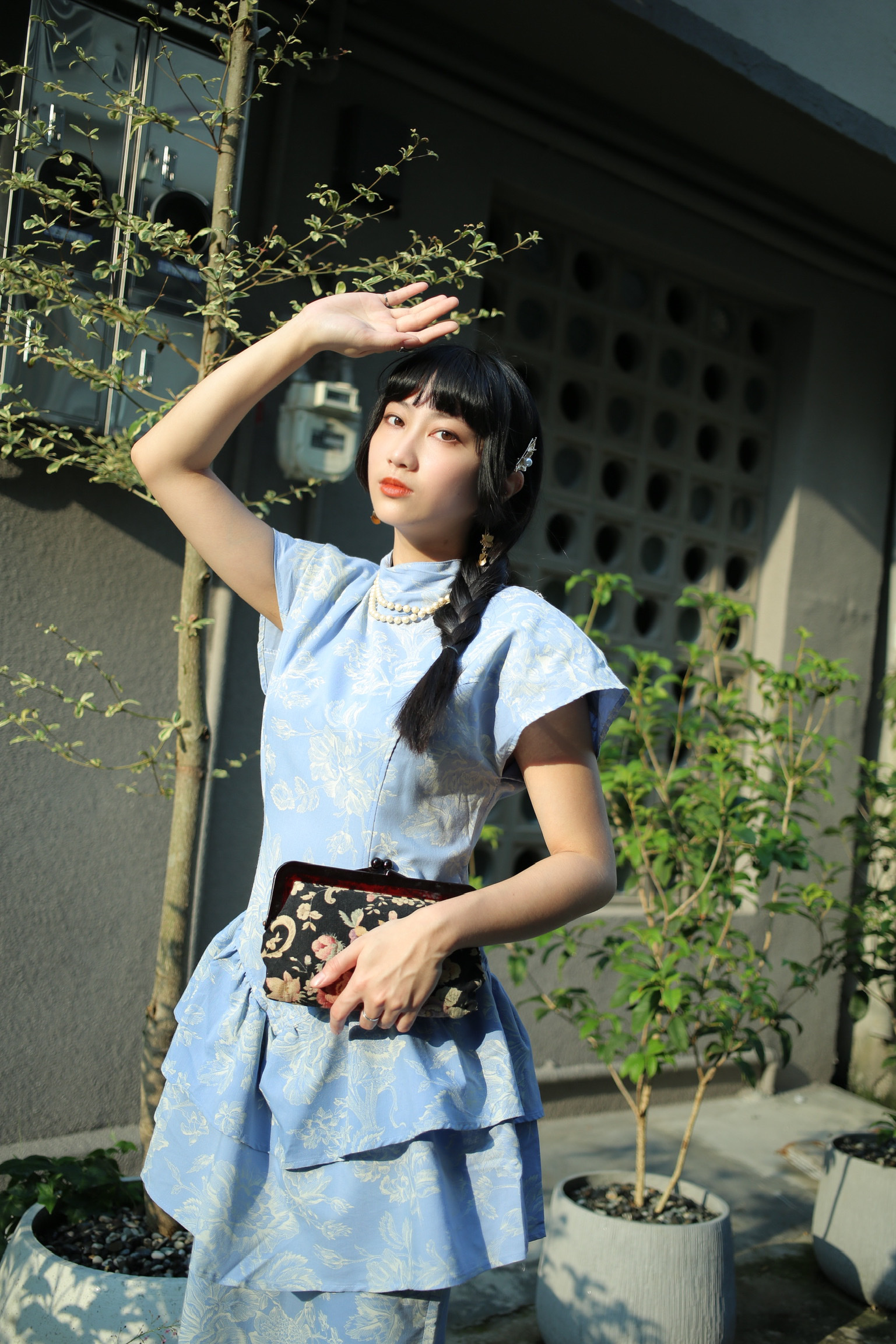 Vintage Dress / 古著古典淡藍色旗袍感禮服