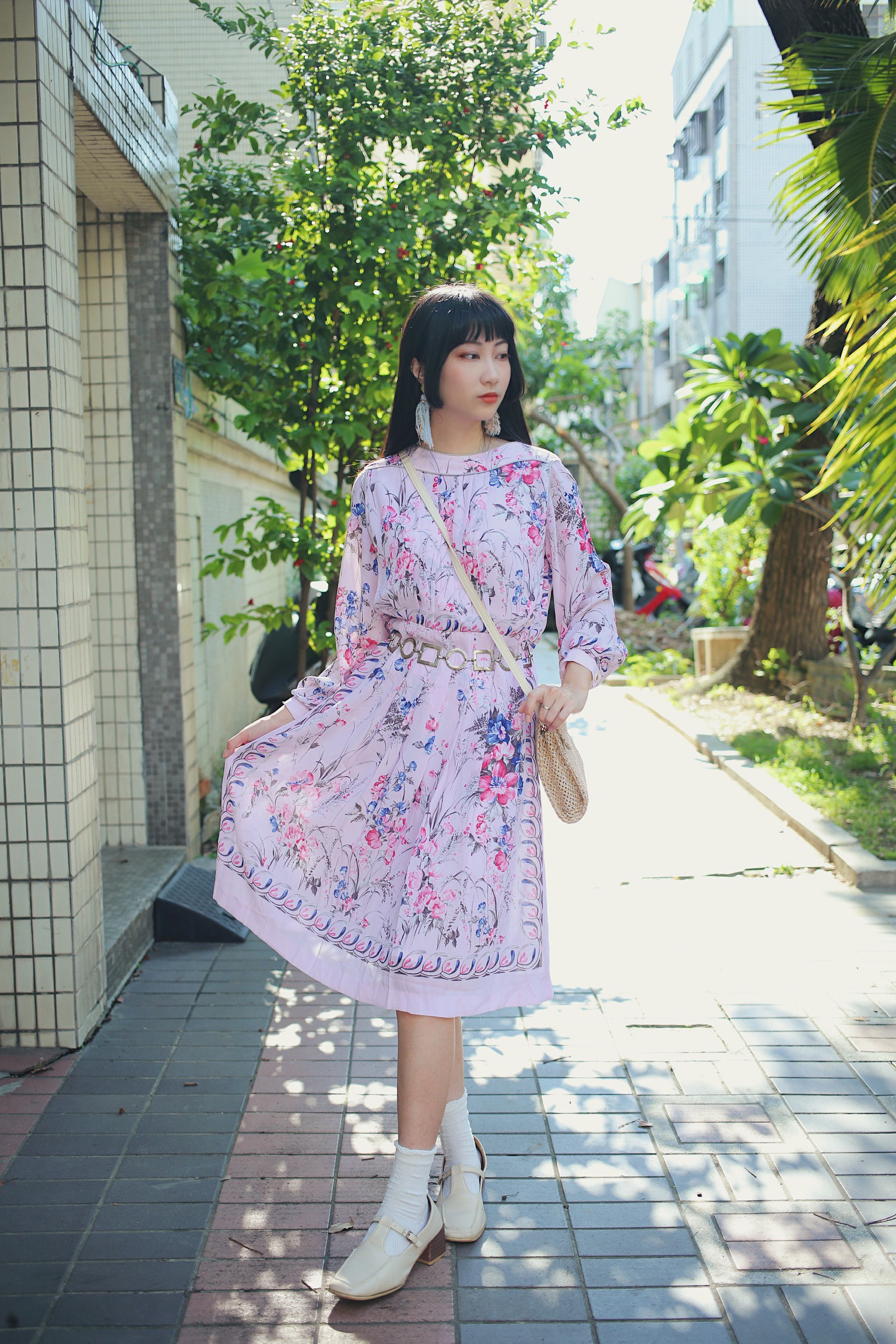 Vintage Dress / 古著粉色水墨花卉百摺洋裝