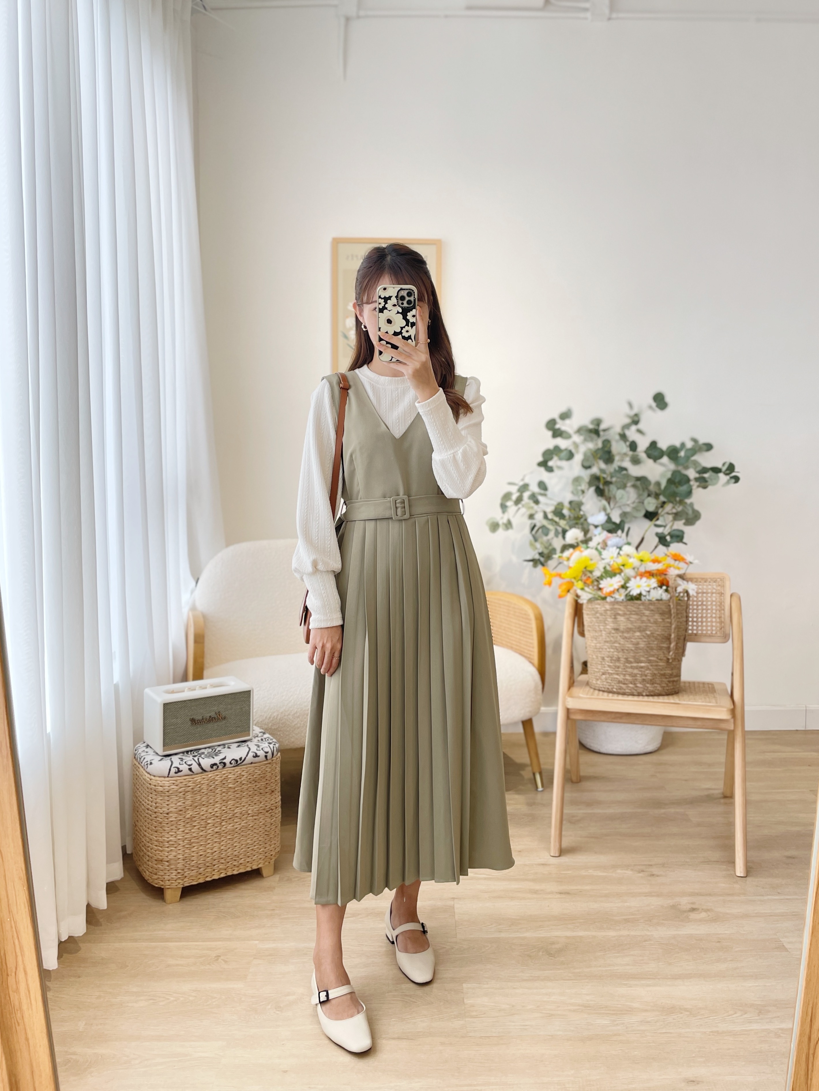 OP477 Avocado Belted & Pleats Dress