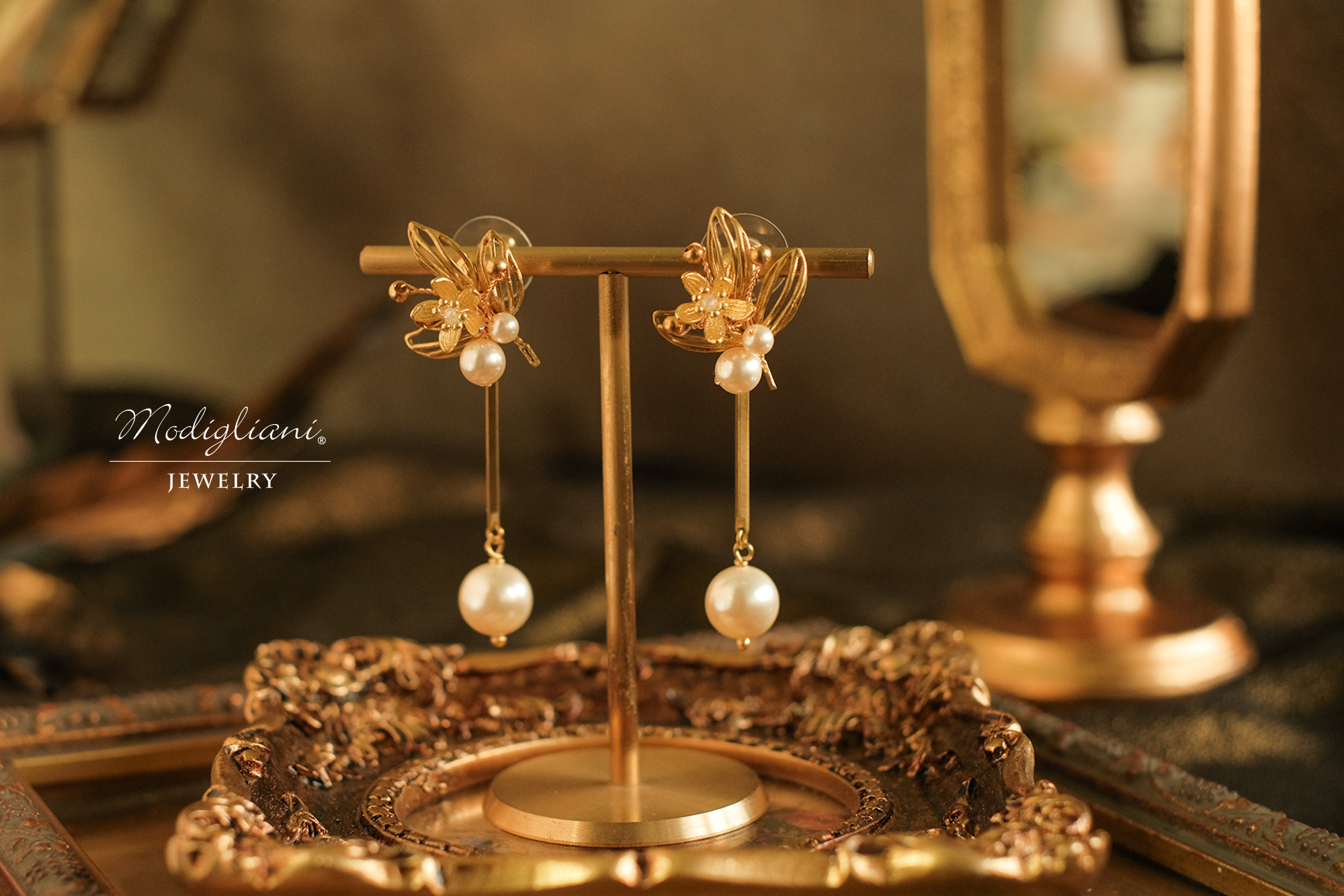 黃銅飾品,黃銅,花草,氣質,仙女,耳環,森林系,珍珠,兩戴式