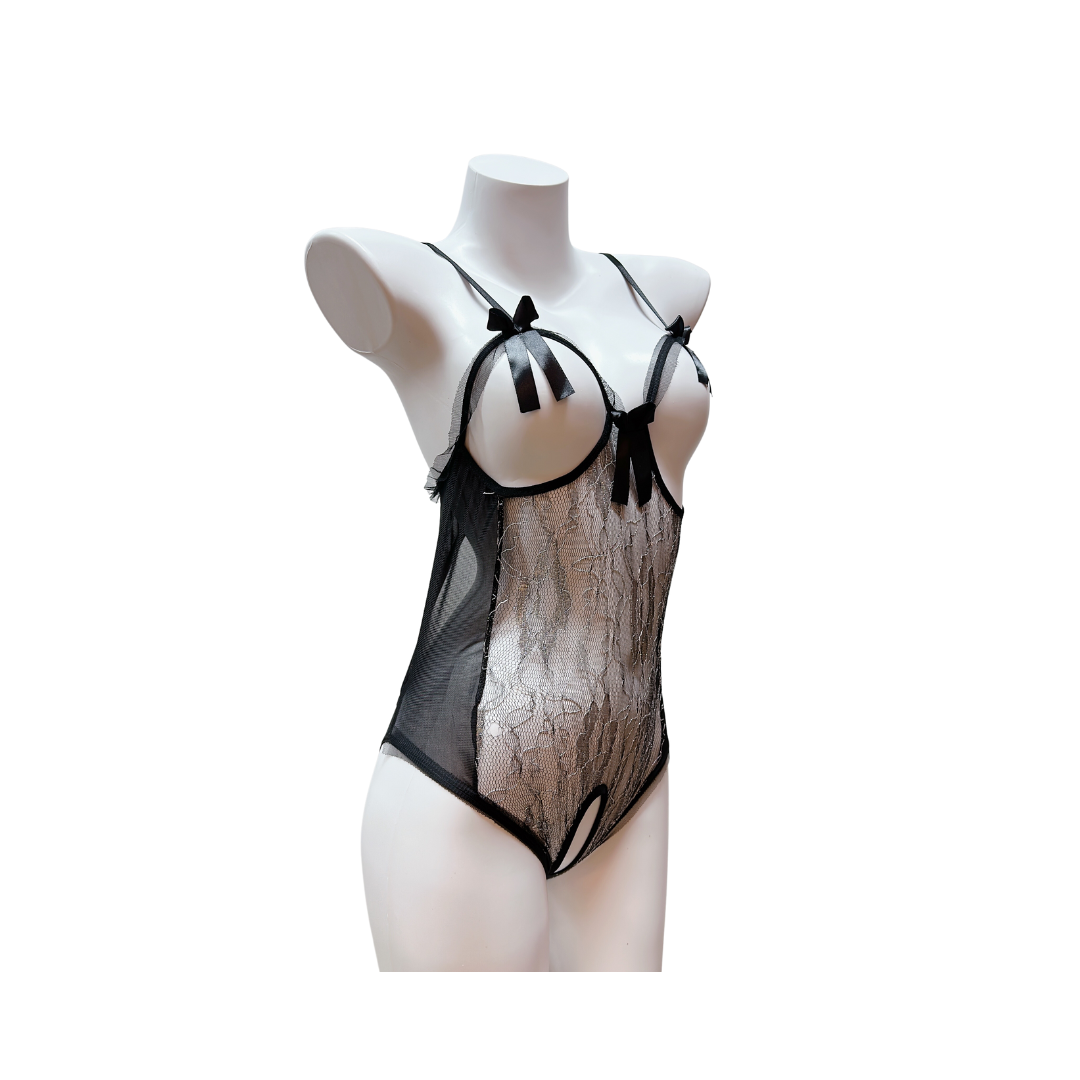 黑色印花露胸開襠性感連身衣