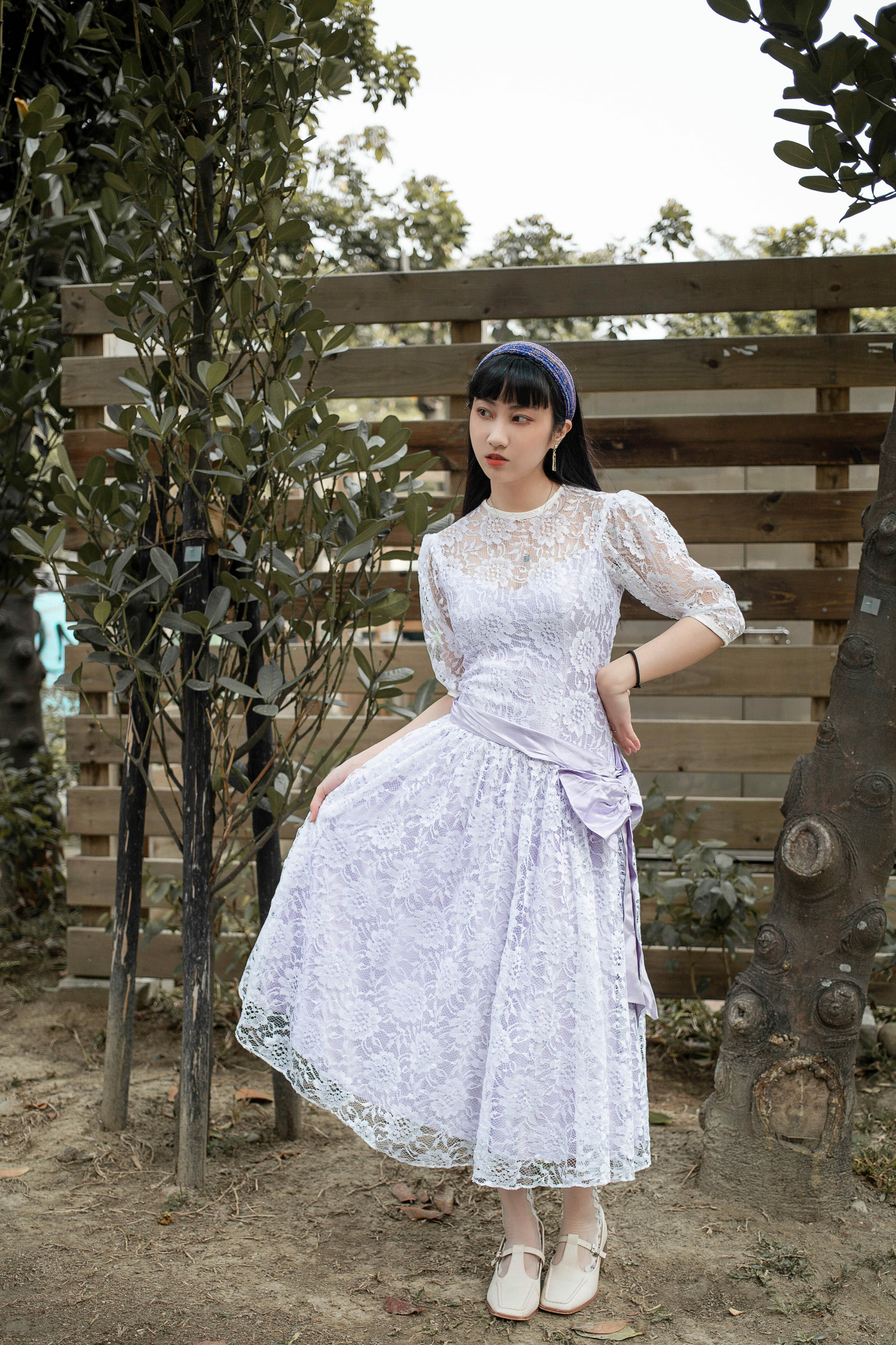 Vintage Dress / 古著淡紫色簍空蕾絲禮服