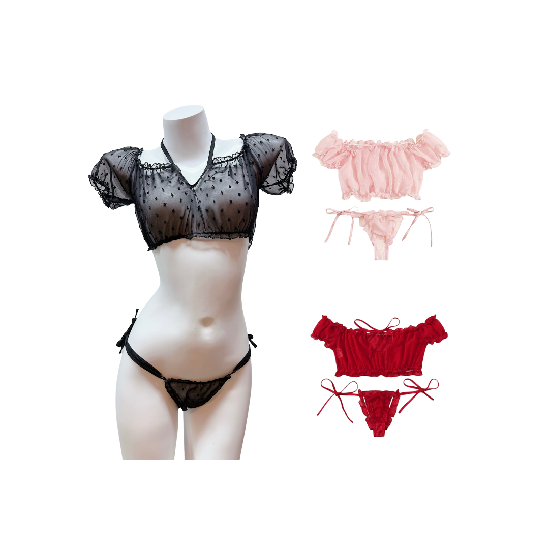透視蕾絲內衣可愛套裝 黑色/紅色/粉色 (S/M/L)