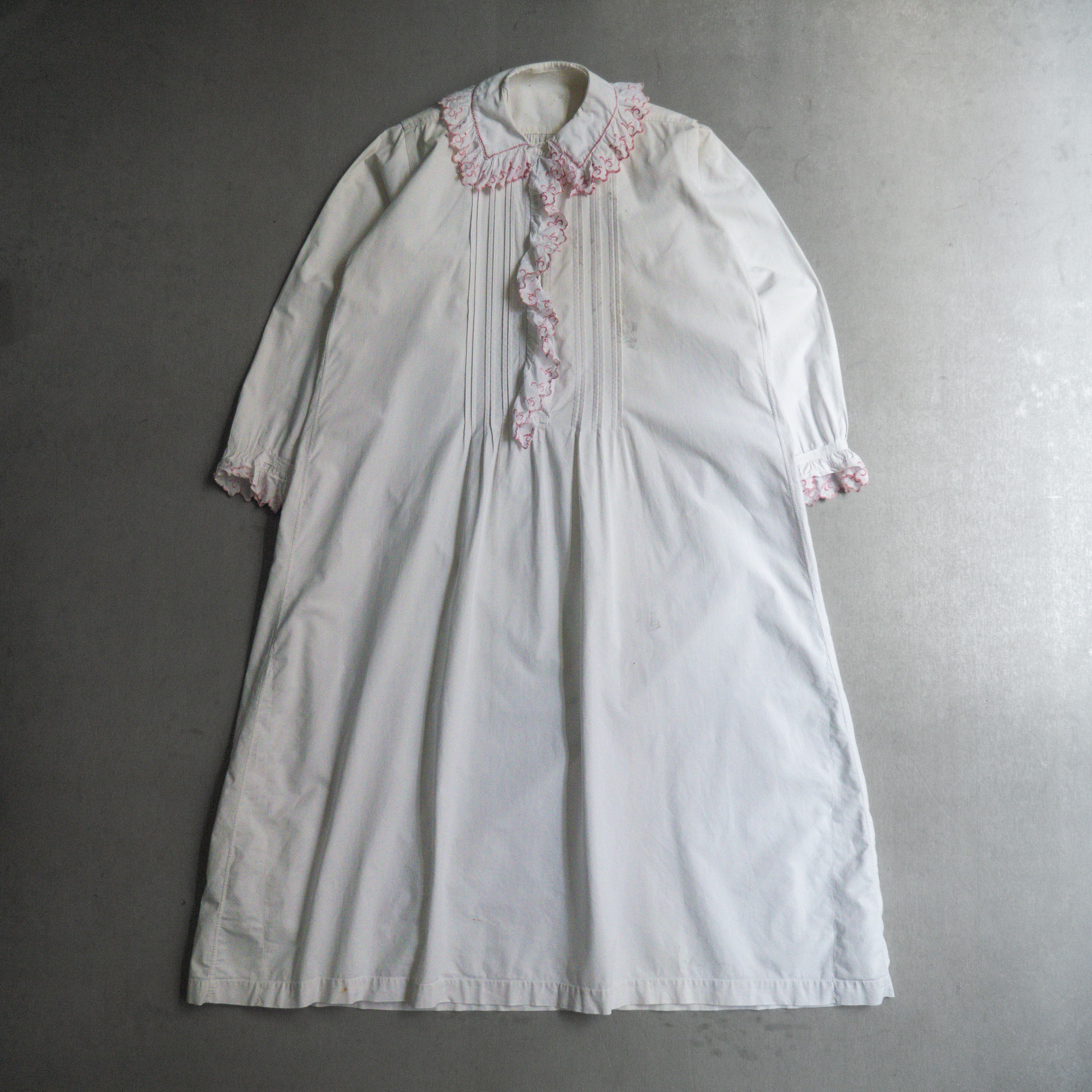 ANTIQUE FRENCH NIGHT DRESS 法國 古董 滾邊 蕾絲 白色 長袖 睡衣 長洋裝