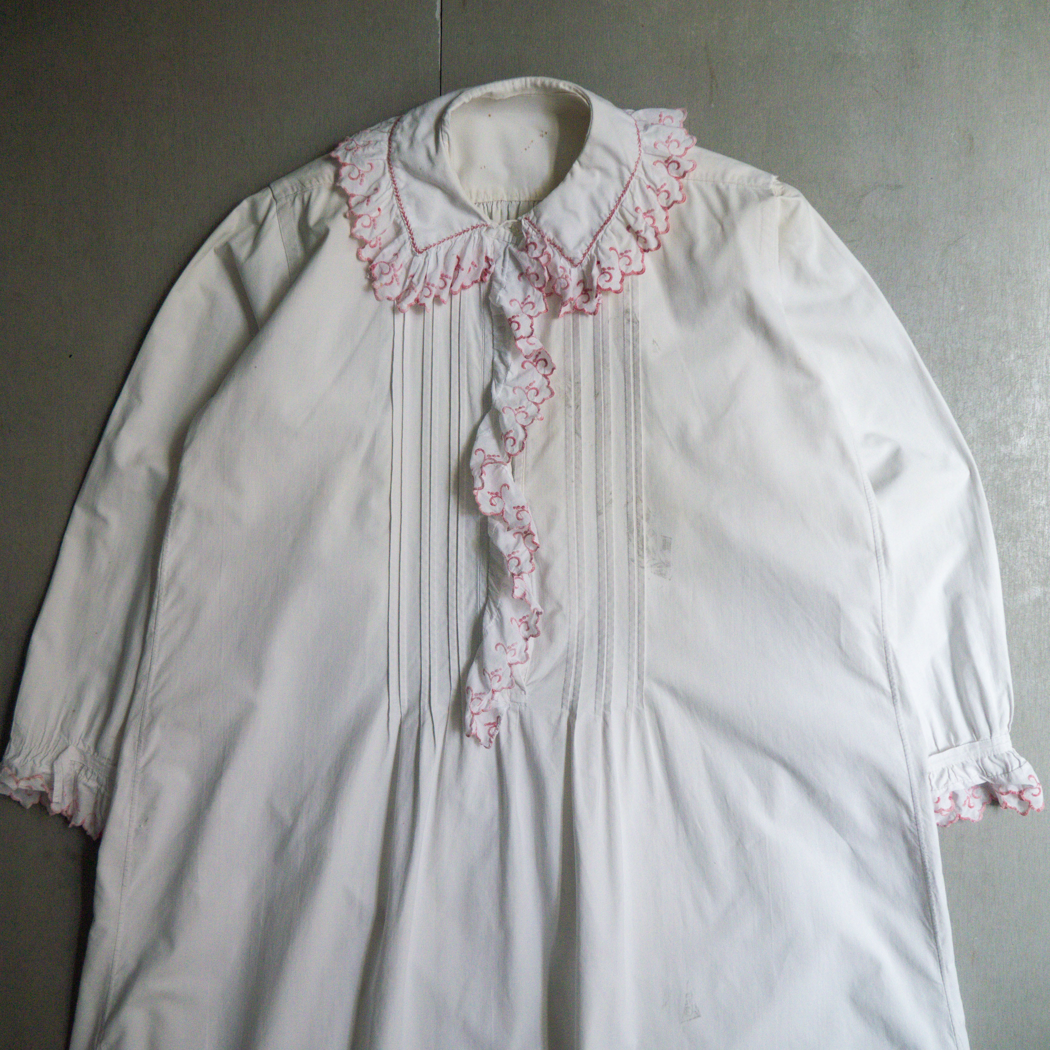 ANTIQUE FRENCH NIGHT DRESS 法國 古董 滾邊 蕾絲 白色 長袖 睡衣 長洋裝