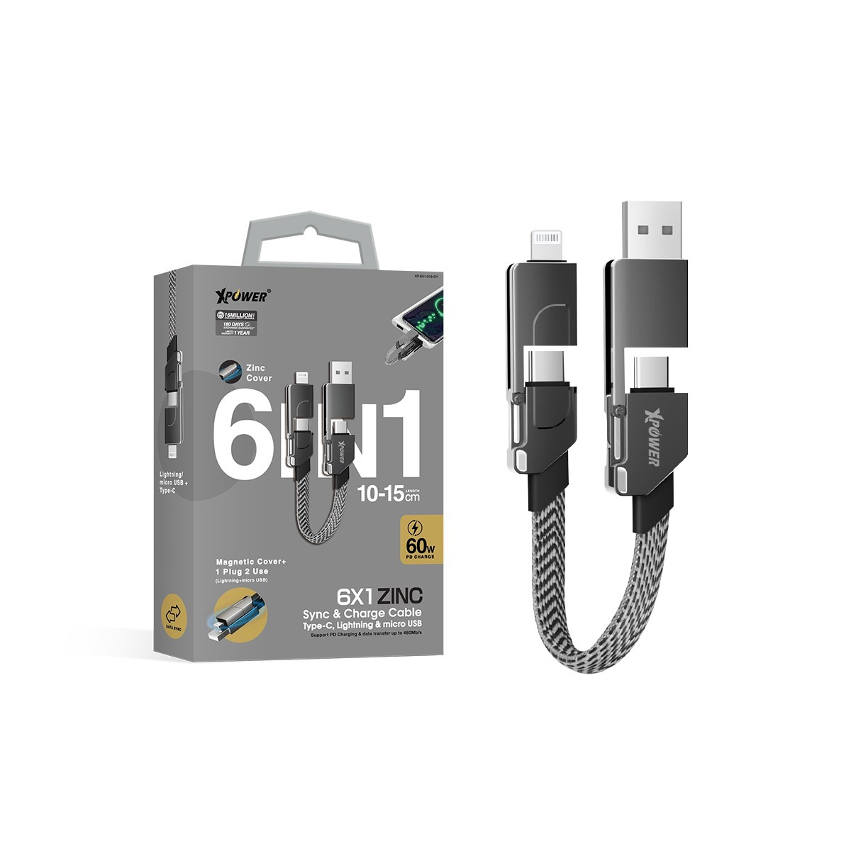 XPower 6X1 6合1 60W PD3.0 鋅合金傳輸充電短線