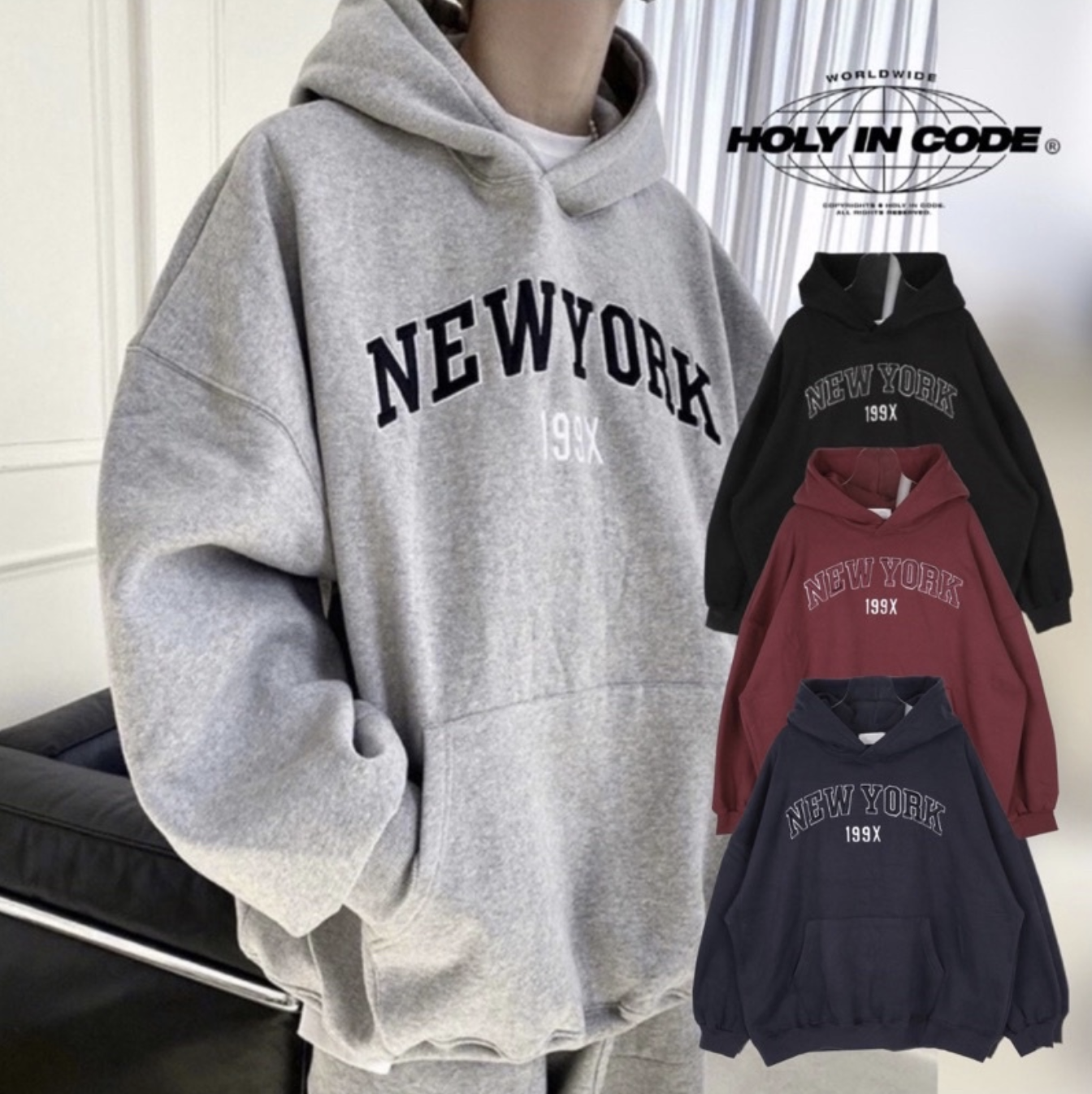 🇰🇷韓國 NEW YORK 貼布 刺繡 寬鬆慵懶 內刷毛 帽Tee 保暖 寬大 帽T