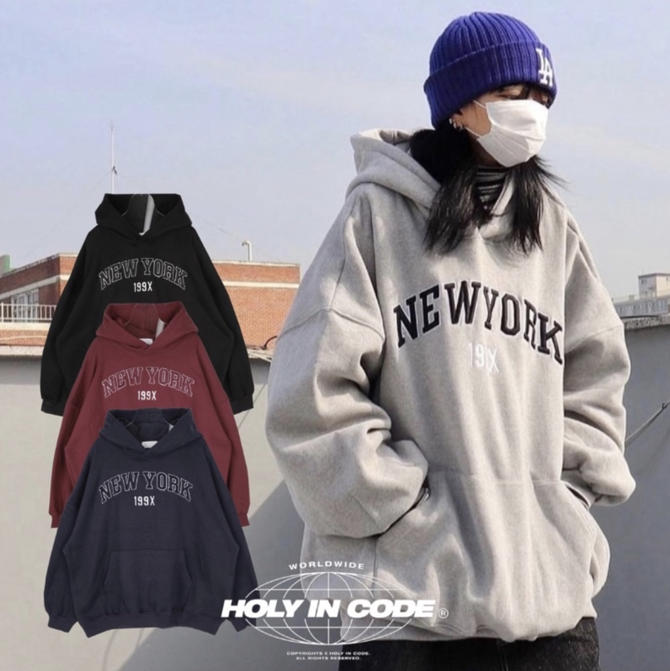 🇰🇷韓國 NEW YORK 貼布 刺繡 寬鬆慵懶 內刷毛 帽Tee 保暖 寬大 帽T