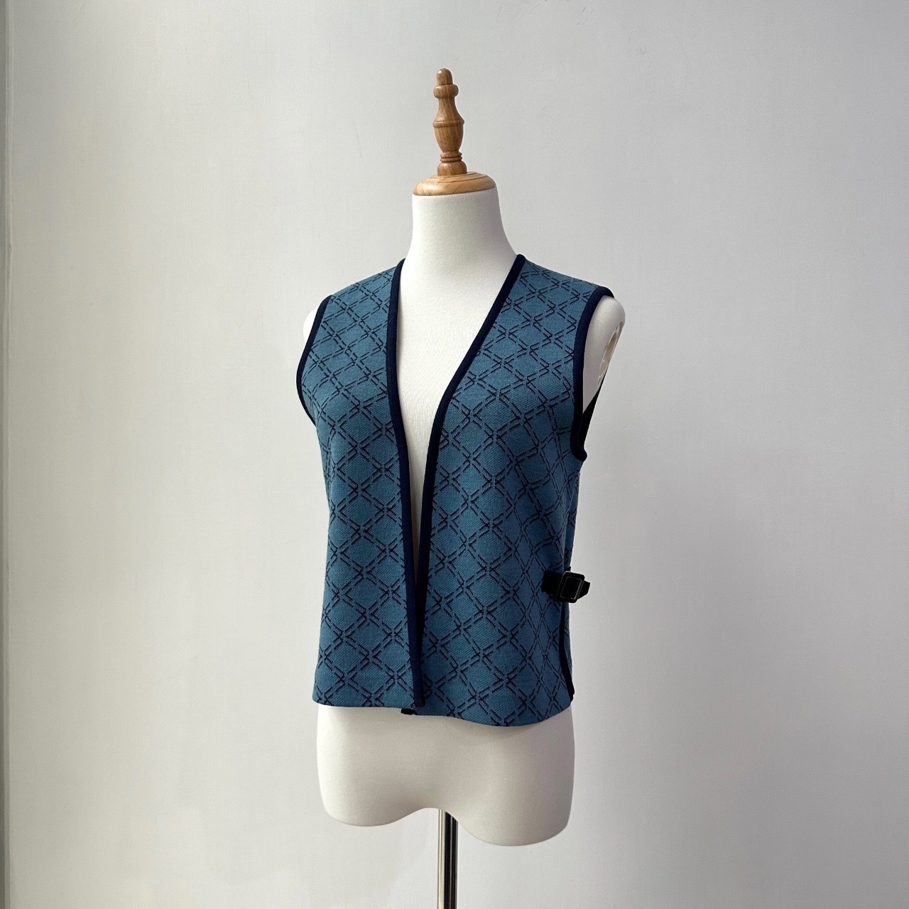 MICALADY 70s 藍色格紋虛線毛衣背心