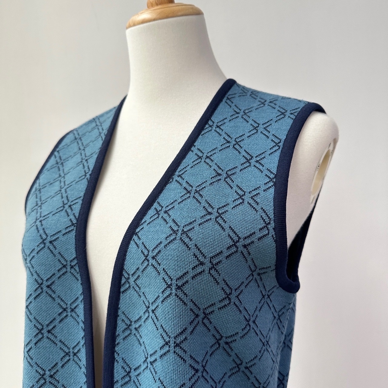 MICALADY 70s 藍色格紋虛線毛衣背心
