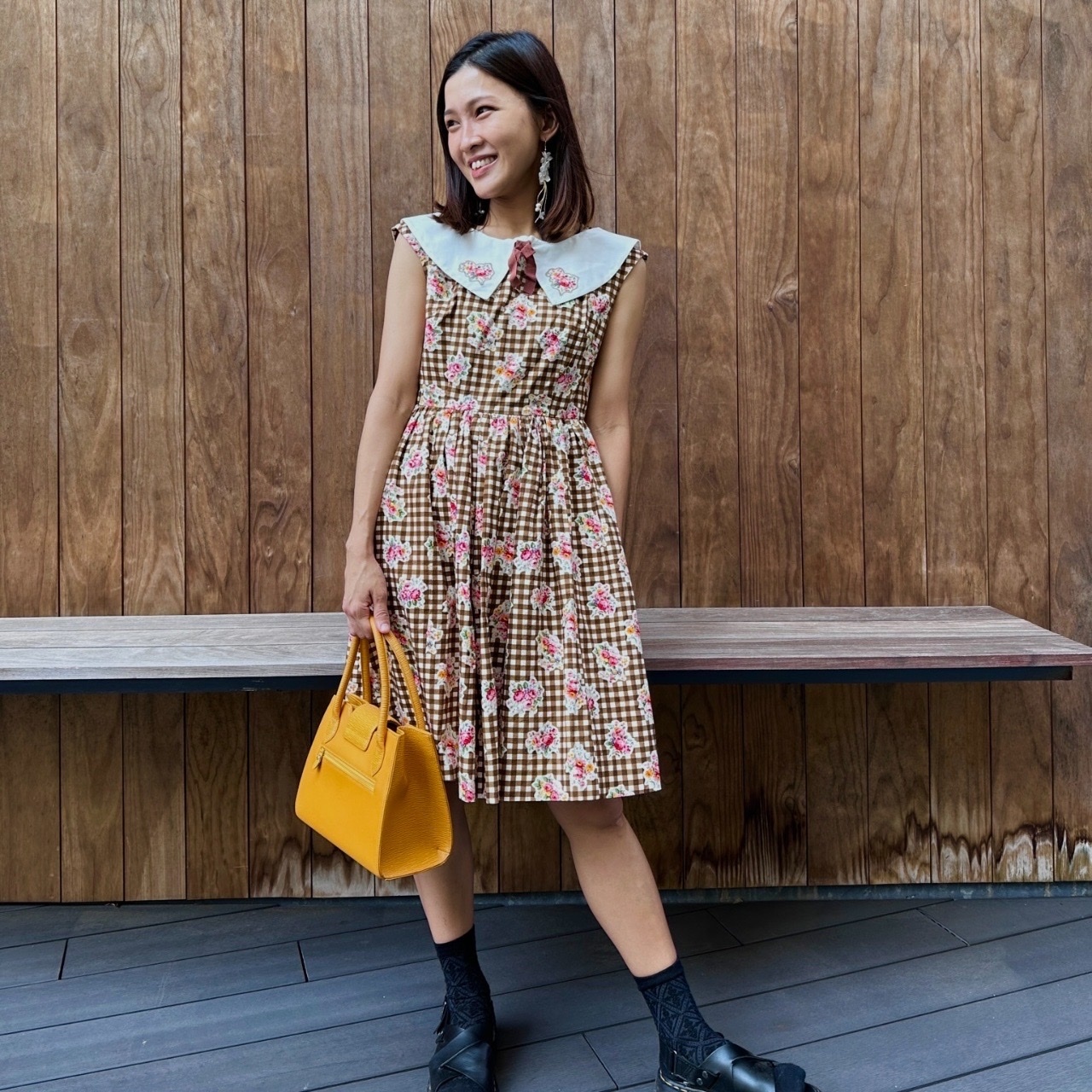 啡白格紋可愛大領背心連身裙