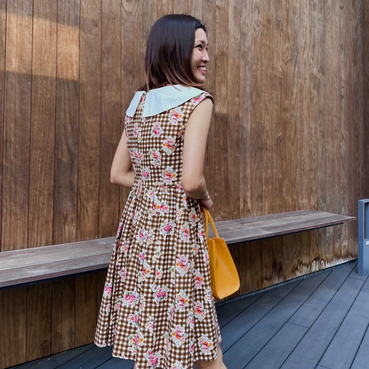 啡白格紋可愛大領背心連身裙
