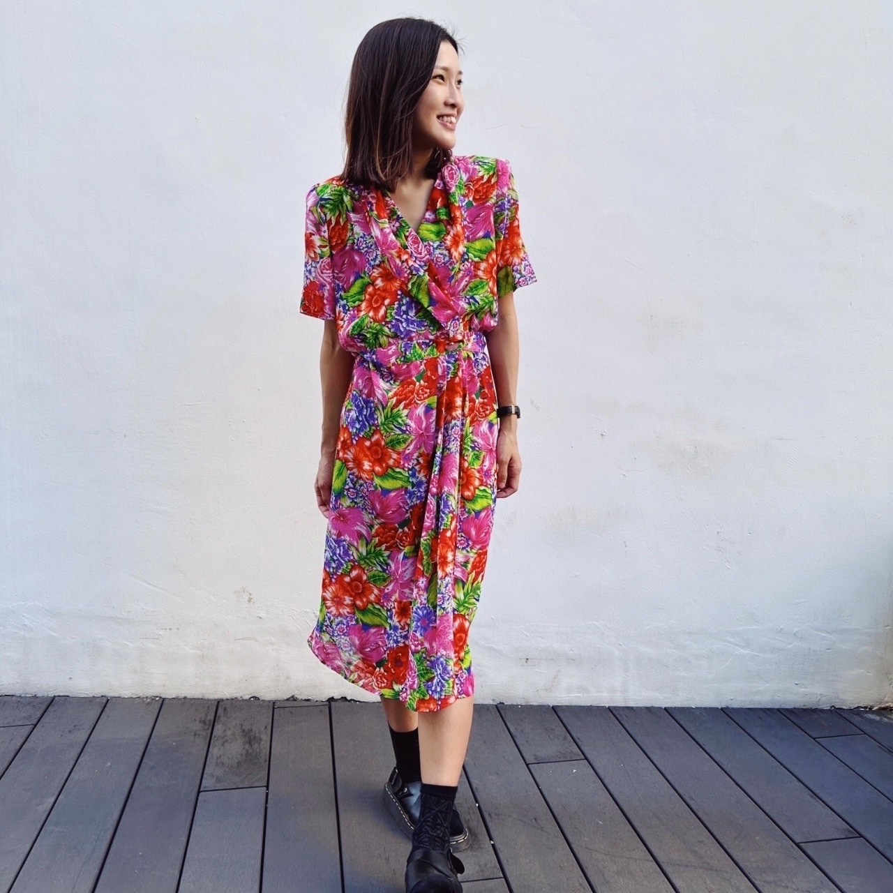 爭艷鬥麗大花短袖連身裙