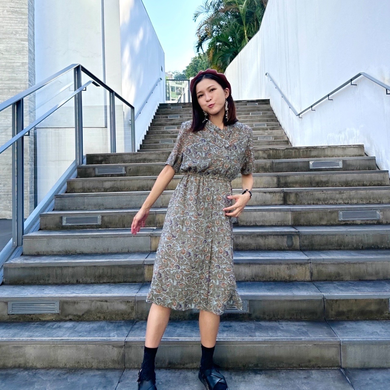 日本製灰色抽象蘋果圖案連身裙