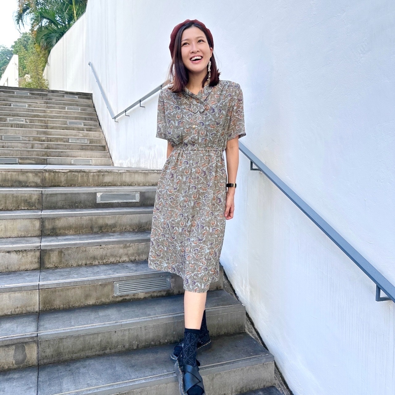 日本製灰色抽象蘋果圖案連身裙