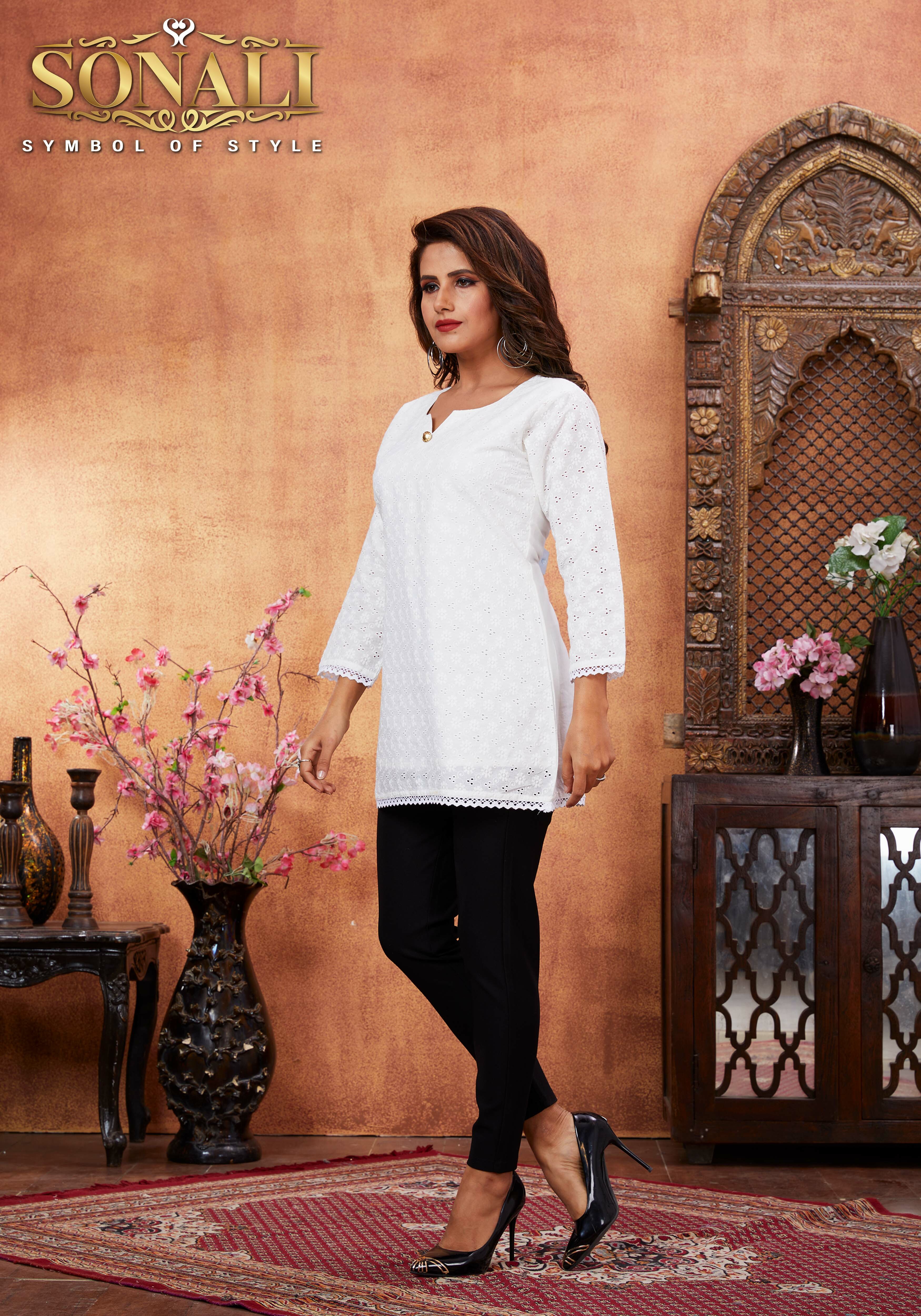 Sonali Premier Collection of Ladies White Top Kurti Wanita Indian Baju Indian Ladies Top