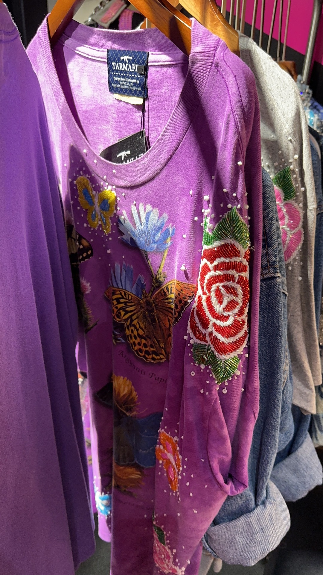 TARMAFIA 蝴蝶花花釘珠紫色TEE -M