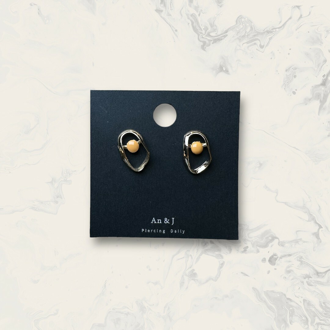 韓國直送-鋼針 不規則金框中橘黃圓 鍍14K