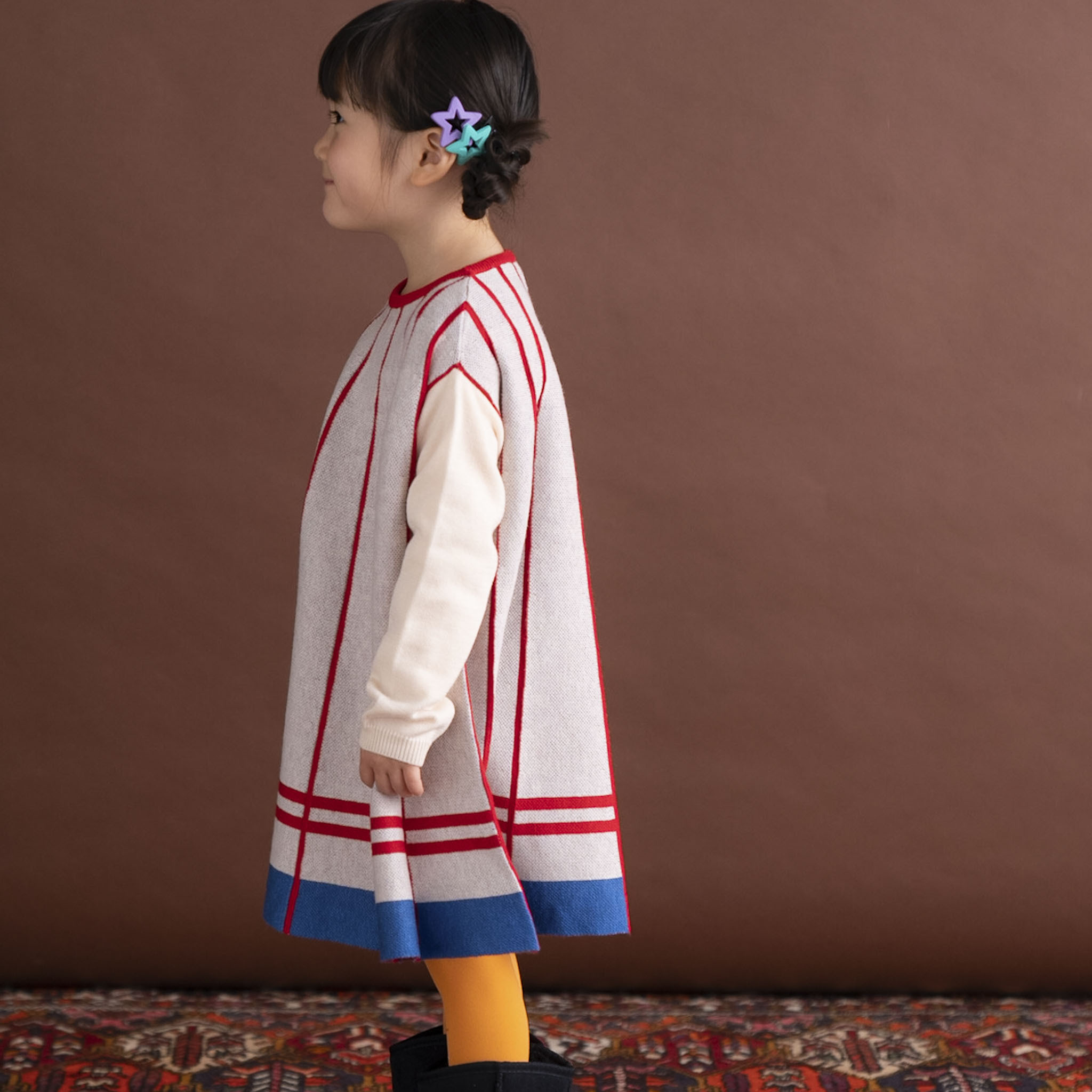 〖 Ami Amie 〗淺灰紅條紋羊毛傘狀洋裝