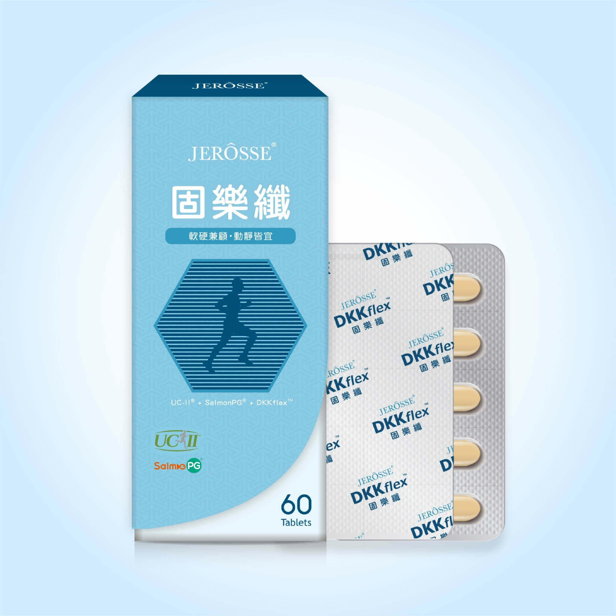 JEROSSE婕樂纖 固樂纖DKKflex (60錠/盒)【正品】台灣JEROSSE 婕樂纖 美國6項專利非變性第二型膠原蛋白UC II® 40mg✔專利蛋白聚醣(鮭魚鼻軟骨)50mg，榮獲日本農林水産大臣獎及文部科學大臣獎 ✔ 獨家成分DKKflex™，補充天然海藻鈣、維生素D、維生素K 哈米滙健 Health Me Mall