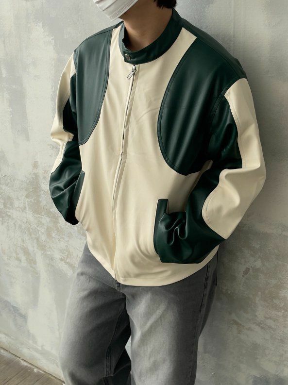 企領拼色拉鍊合成皮褸 Lowell-013JK