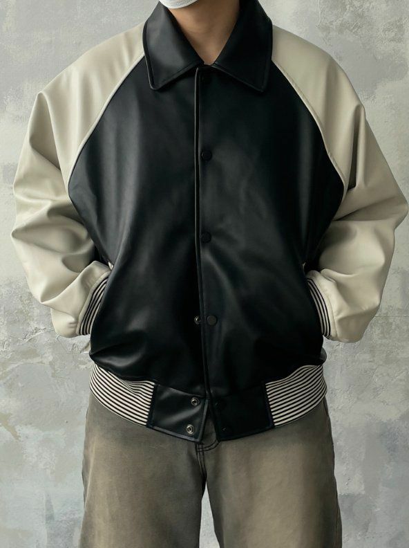 恤衫領拼色合成皮褸 Lowell-014JK