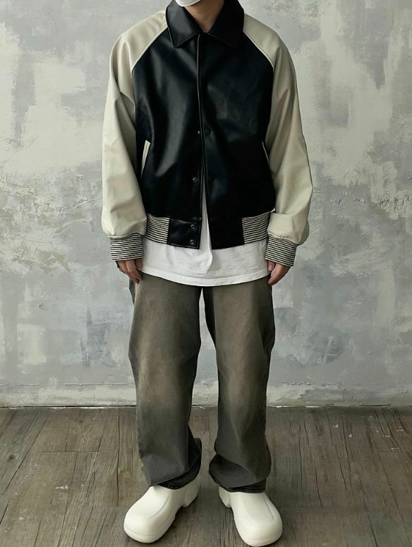 恤衫領拼色合成皮褸 Lowell-014JK