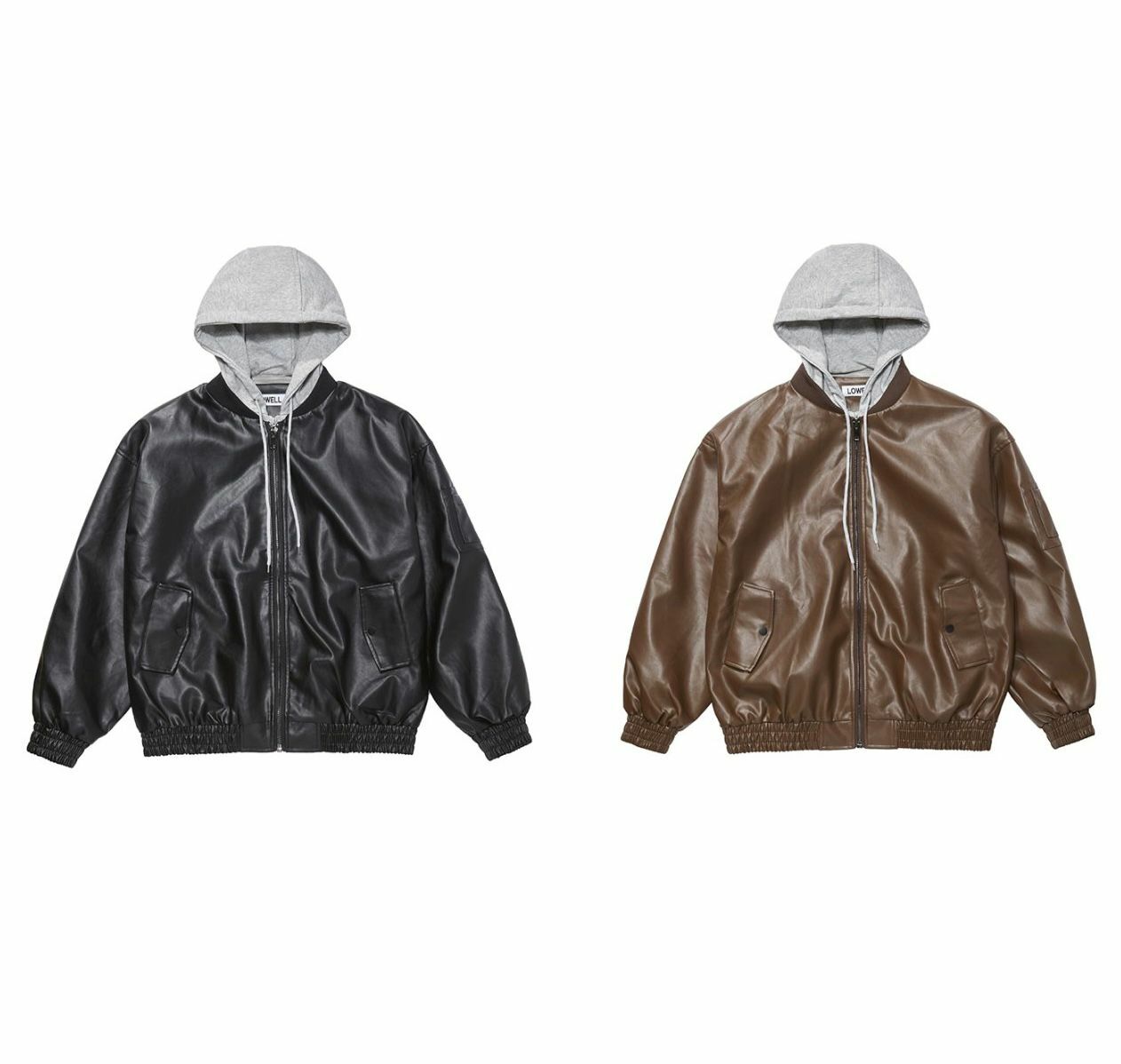 拼棉質帽假兩件合成皮褸 Lowell-015JK