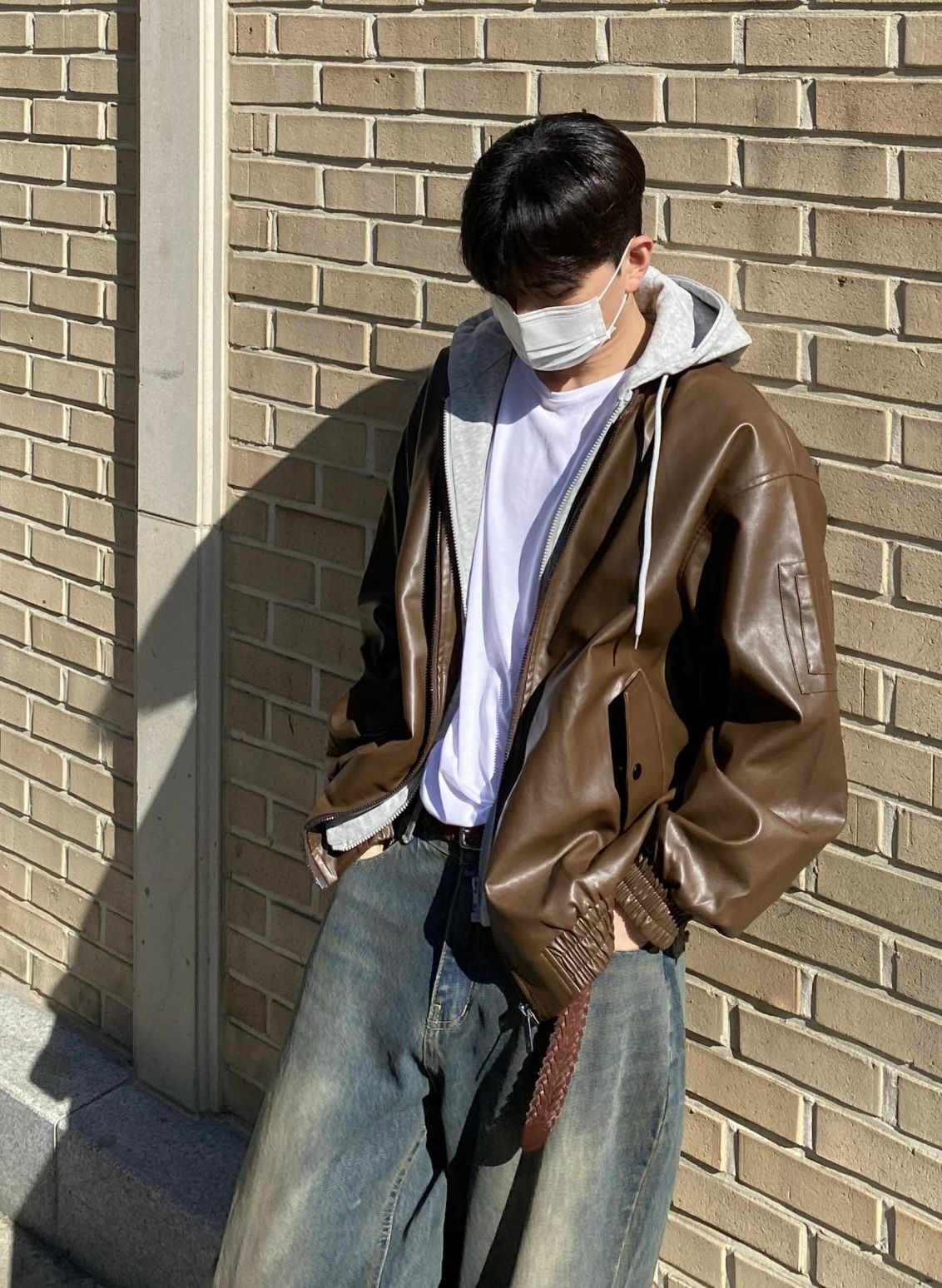 拼棉質帽假兩件合成皮褸 Lowell-015JK