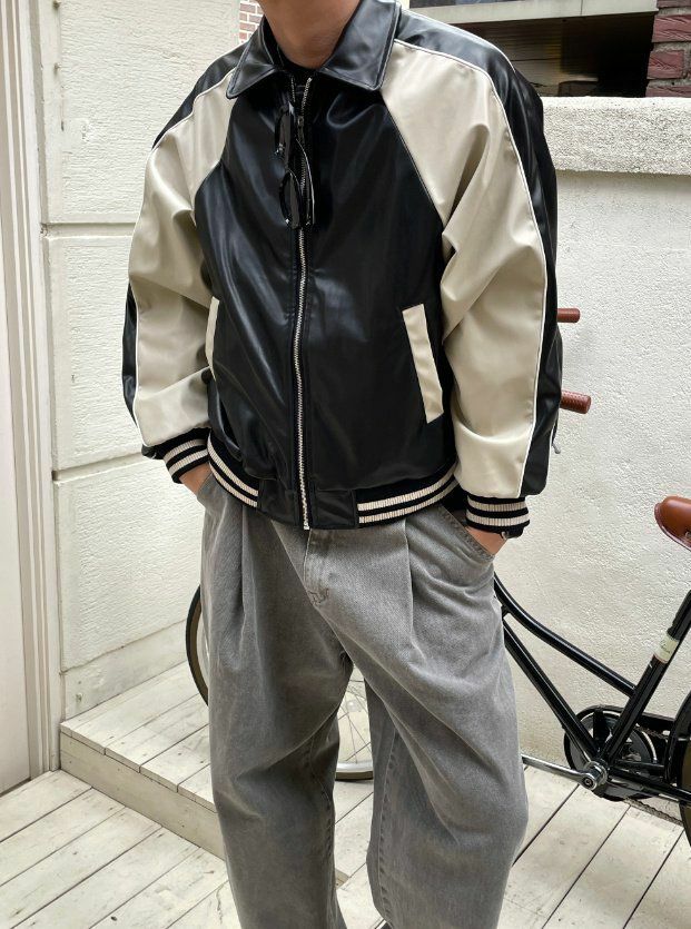 恤衫領拼色拉鍊合成皮褸 Lowell-017JK