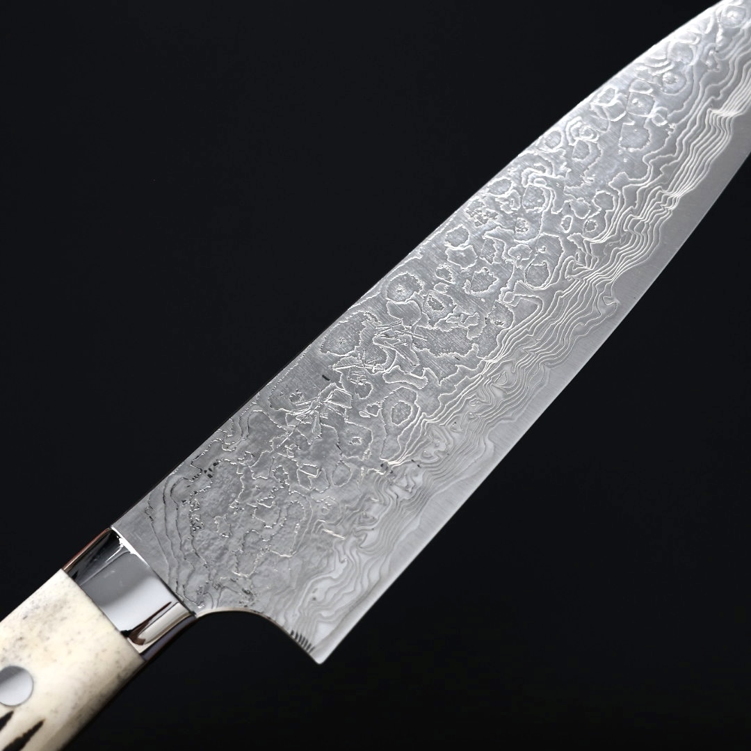 佐治武士牛刀180mm R2粉末HSS鋼鑽石大馬士革牛骨洋柄