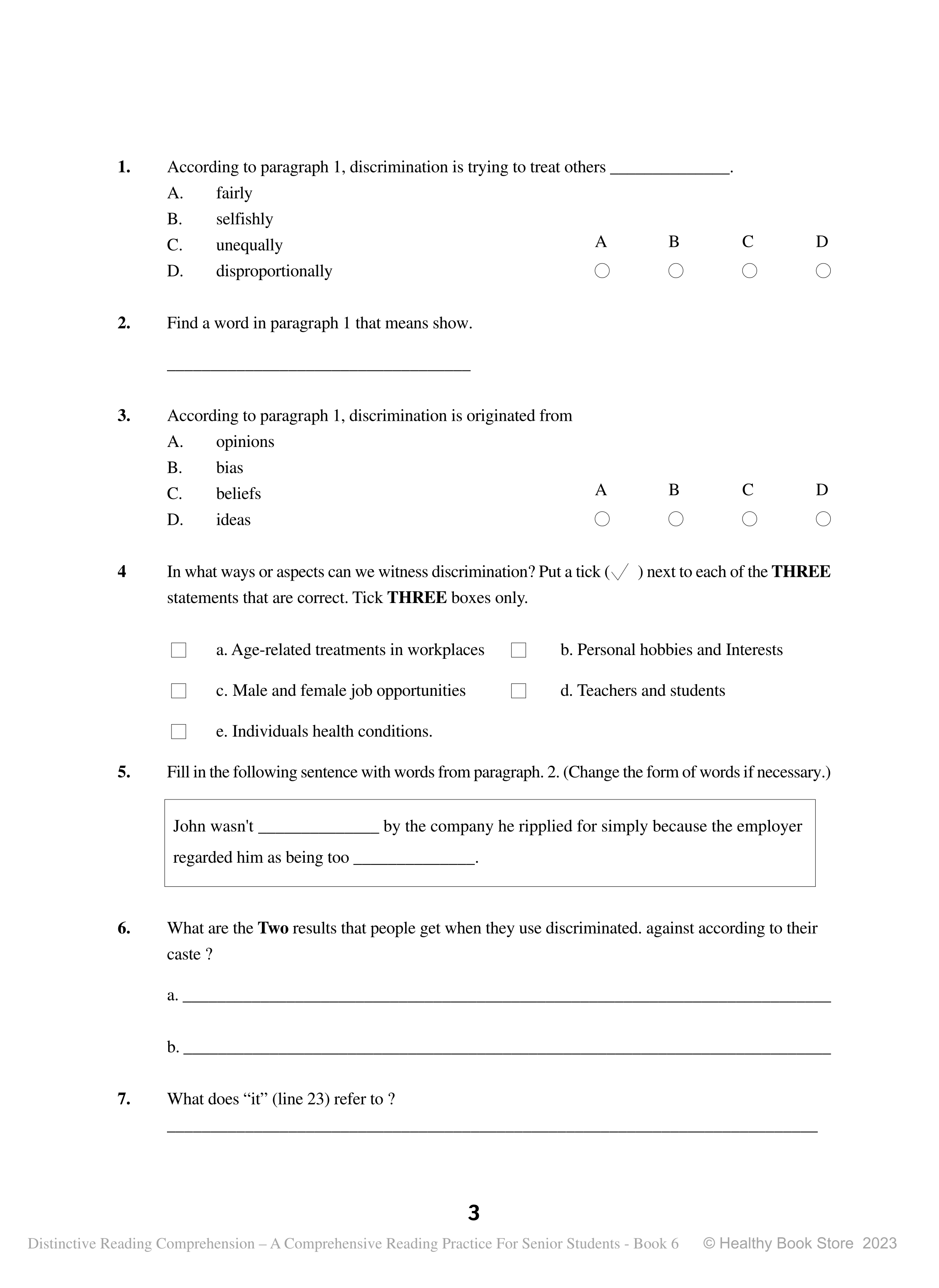 Distinctive Reading Comprehension Book 6 for Senior Students