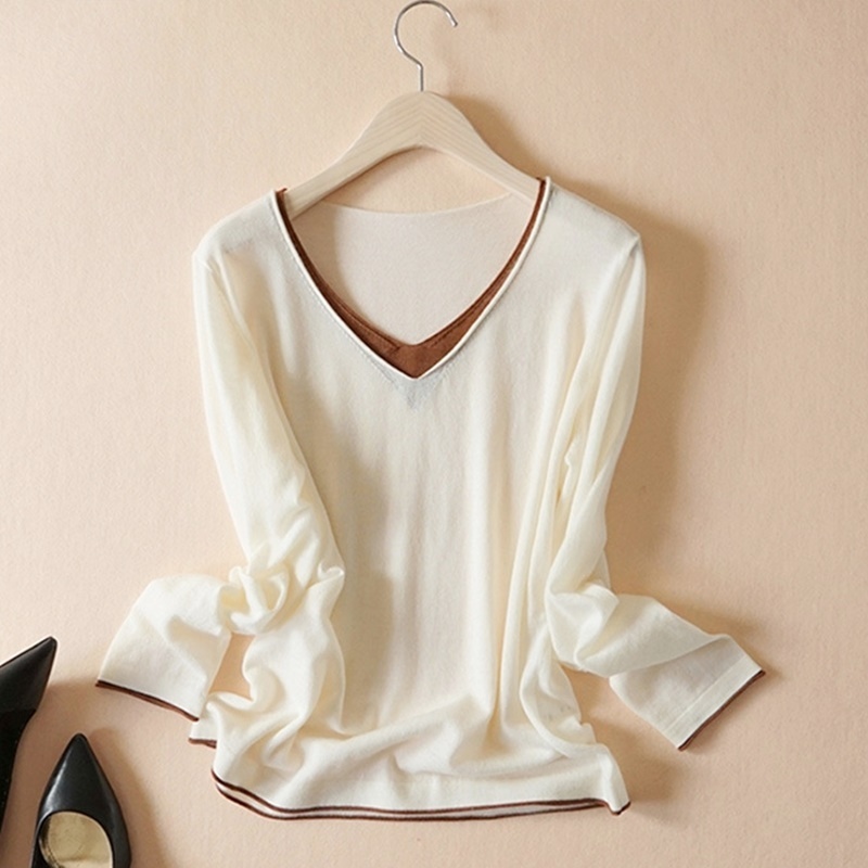 V領假兩件配色針織上衣 三色