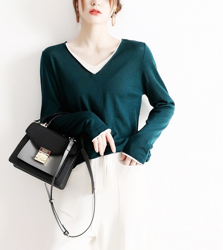 V領假兩件配色針織上衣 三色