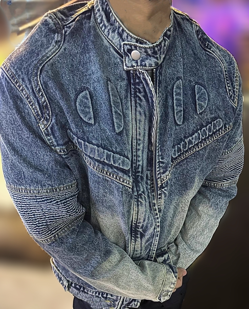 壓花面板單層騎士牛仔夾克