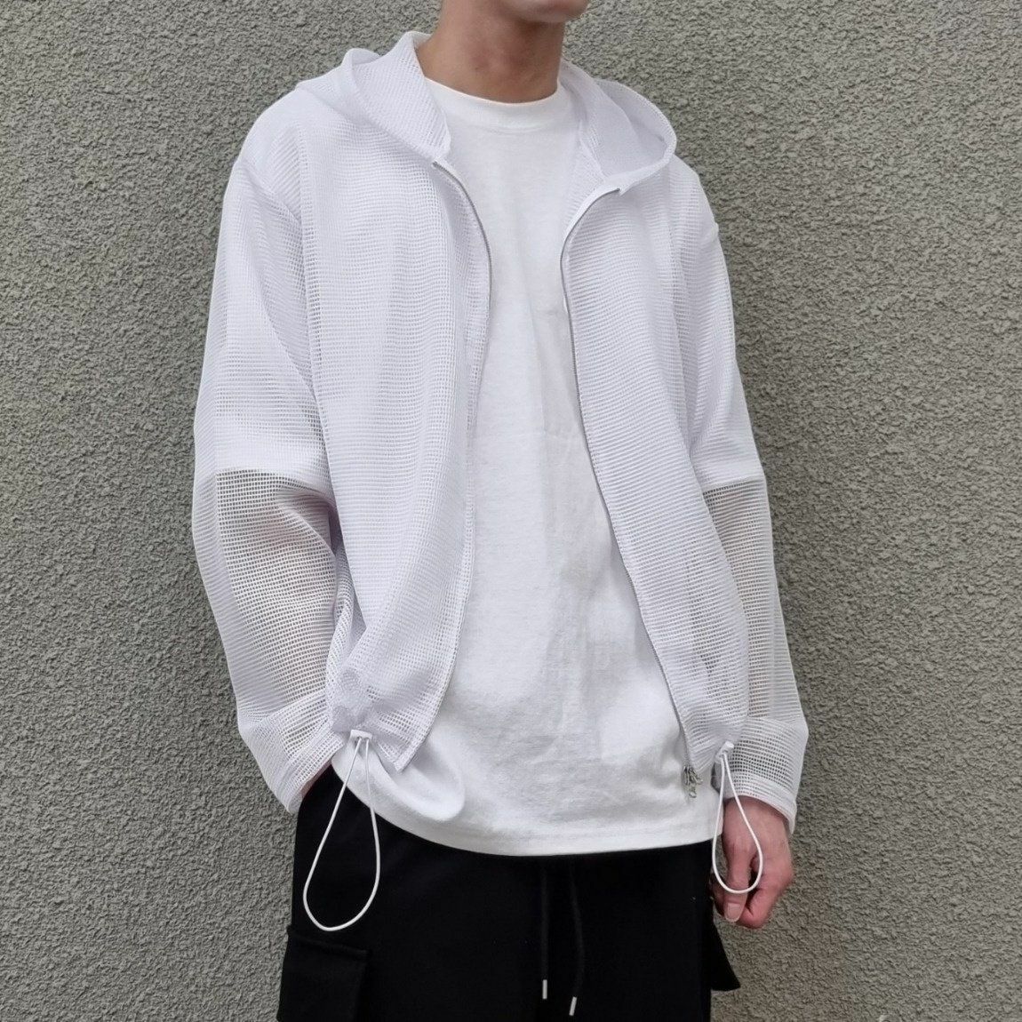 淨色透視連帽拉鍊外套 And Liberty-008JK