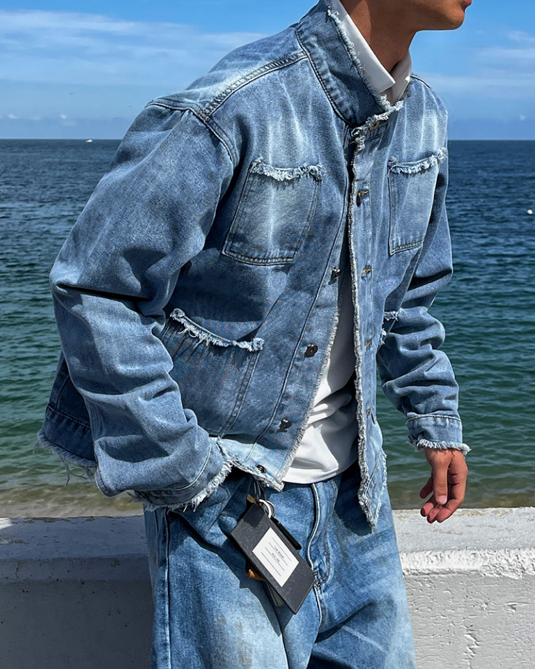 復古剪邊立領口袋牛仔夾克