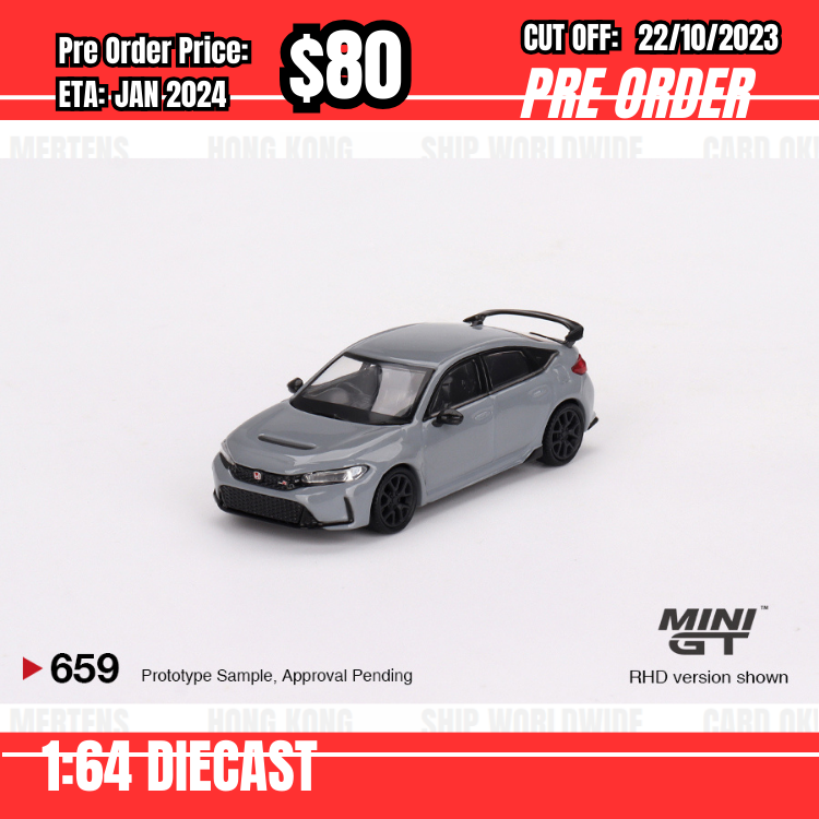 PO-$80 * Mini GT * 1:64 #659 Honda Civic Type R Sonic Gray Pearl 2023 RHD [OD09/10]