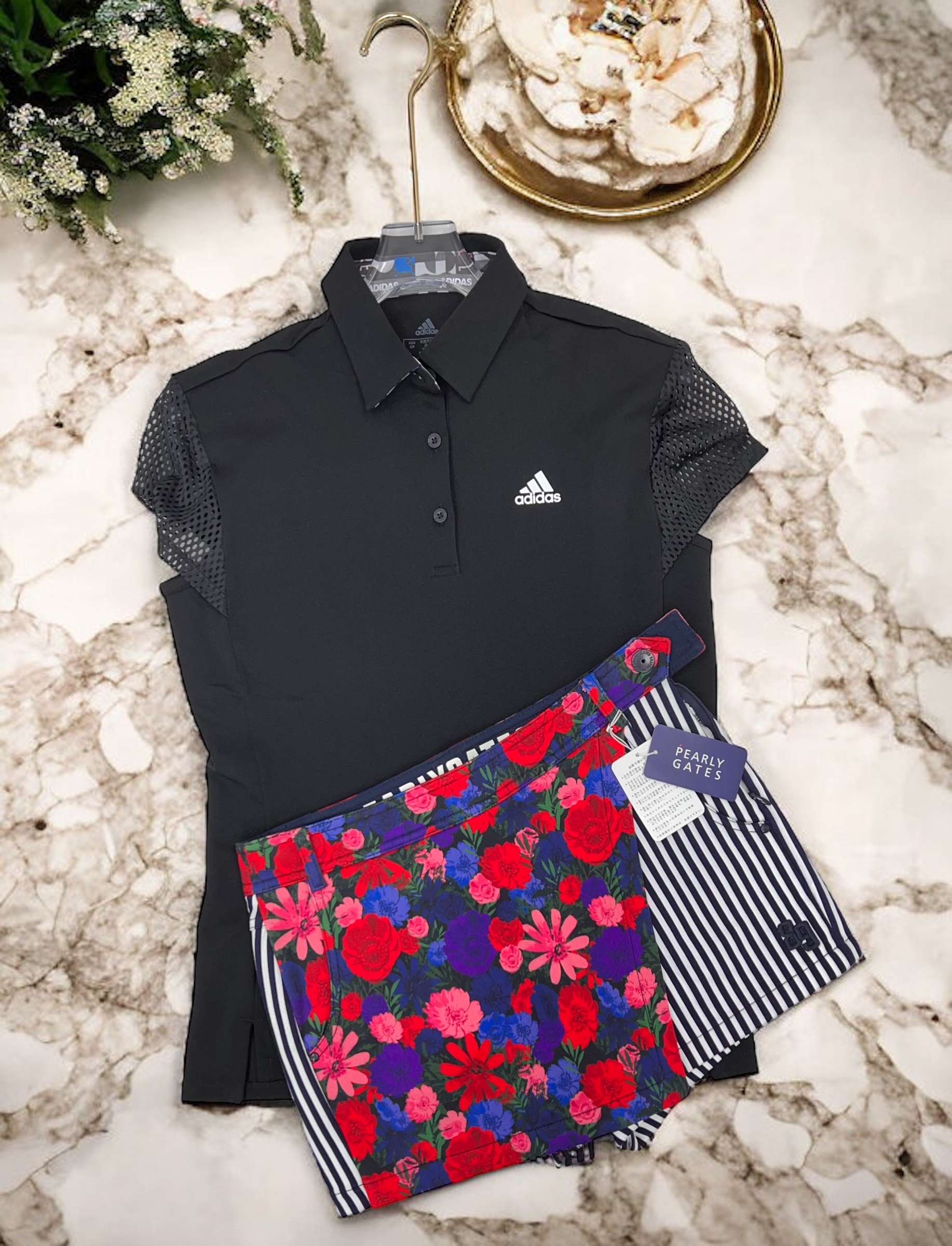 女款 【現貨】Adidas Golf 春夏秋季時尚印花Logo 網眼網眼荷葉袖袖短袖T 恤/高爾夫球衣