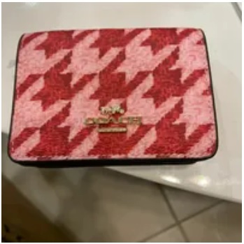 [S] COACH CJ679 HOUNDSTOOTH PRINT MINI WALLET ON CHAIN,IM/PINK/RED, 195031960413 (SCO532)