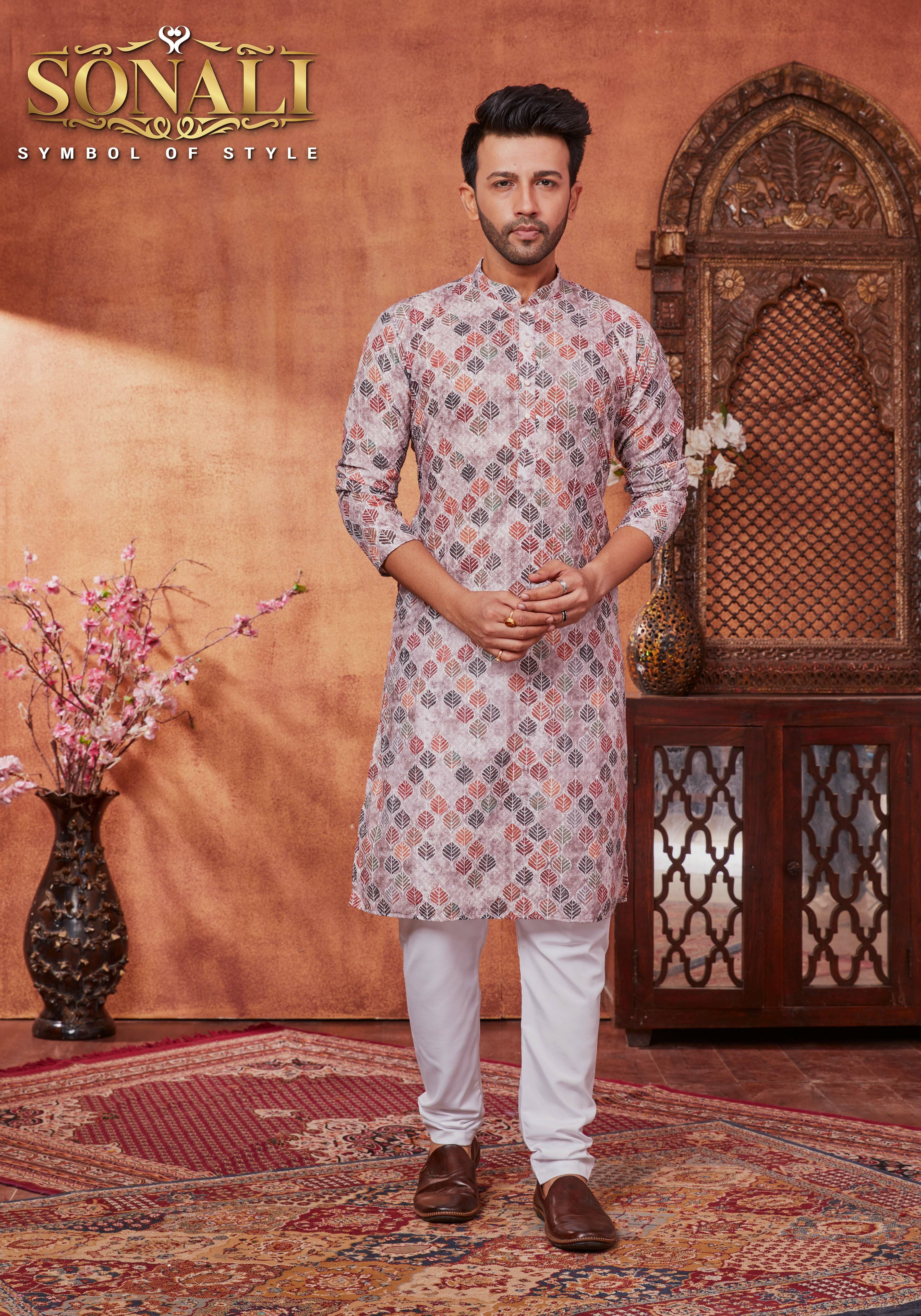 Sonali Premier Men's Lucknowi Suit with Sequins Men's Ethnic Wear Traditional Suit for Men Deepawali's Collection