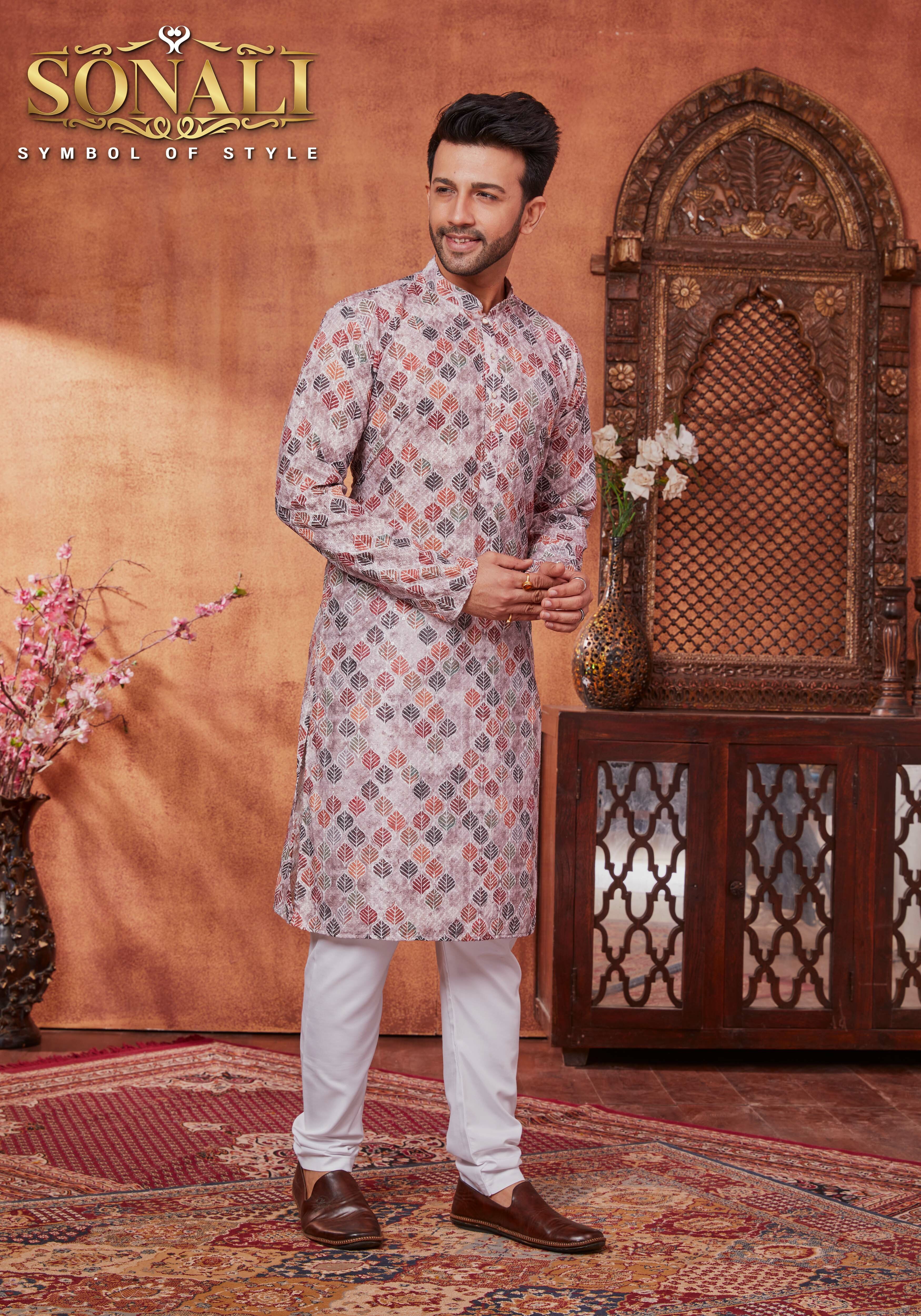 Sonali Premier Men's Lucknowi Suit with Sequins Men's Ethnic Wear Traditional Suit for Men Deepawali's Collection